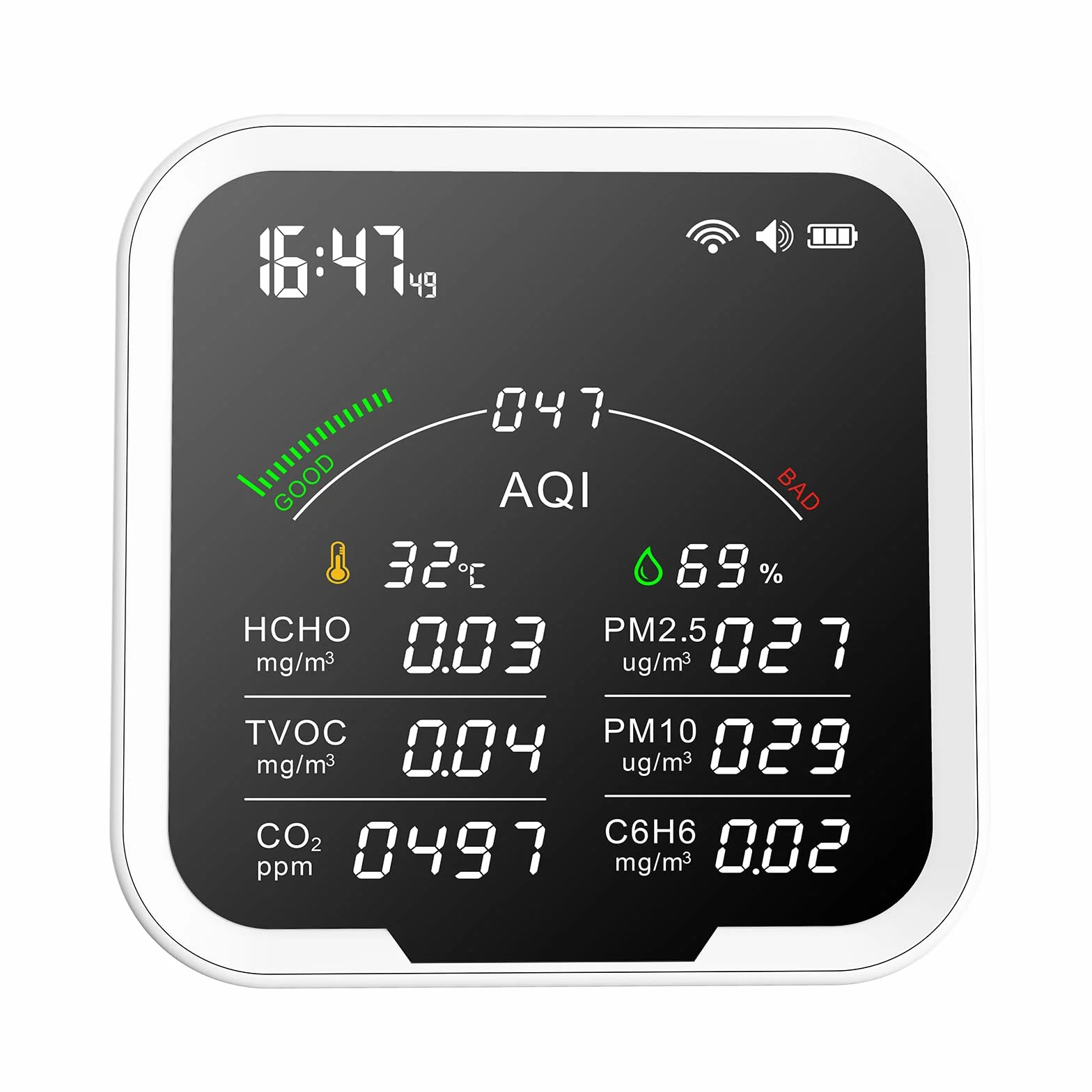 Irfora Przenośny miernik jakości powietrza HCHO/TVOC/CO2/PM2,5/PM10/AQI/C6H6 tester temperatury i wilgotności powietrza 4,8 cala, duży ekran detektora dwutlenku węgla z wyświetlaczem czasu i funkcją