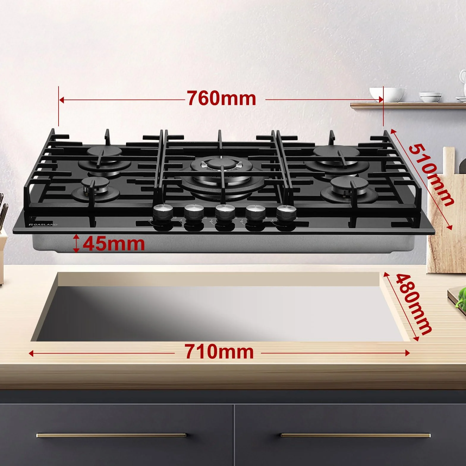 GASLAND GH2805BG1FC szklana płyta gazowa, 5-żarówkowa, płyta kuchenna do zabudowy z palnikiem wok, 76 cm, czarna płyta gazowa do zabudowy, na butan, LPG/gaz ziemny, 10400 W