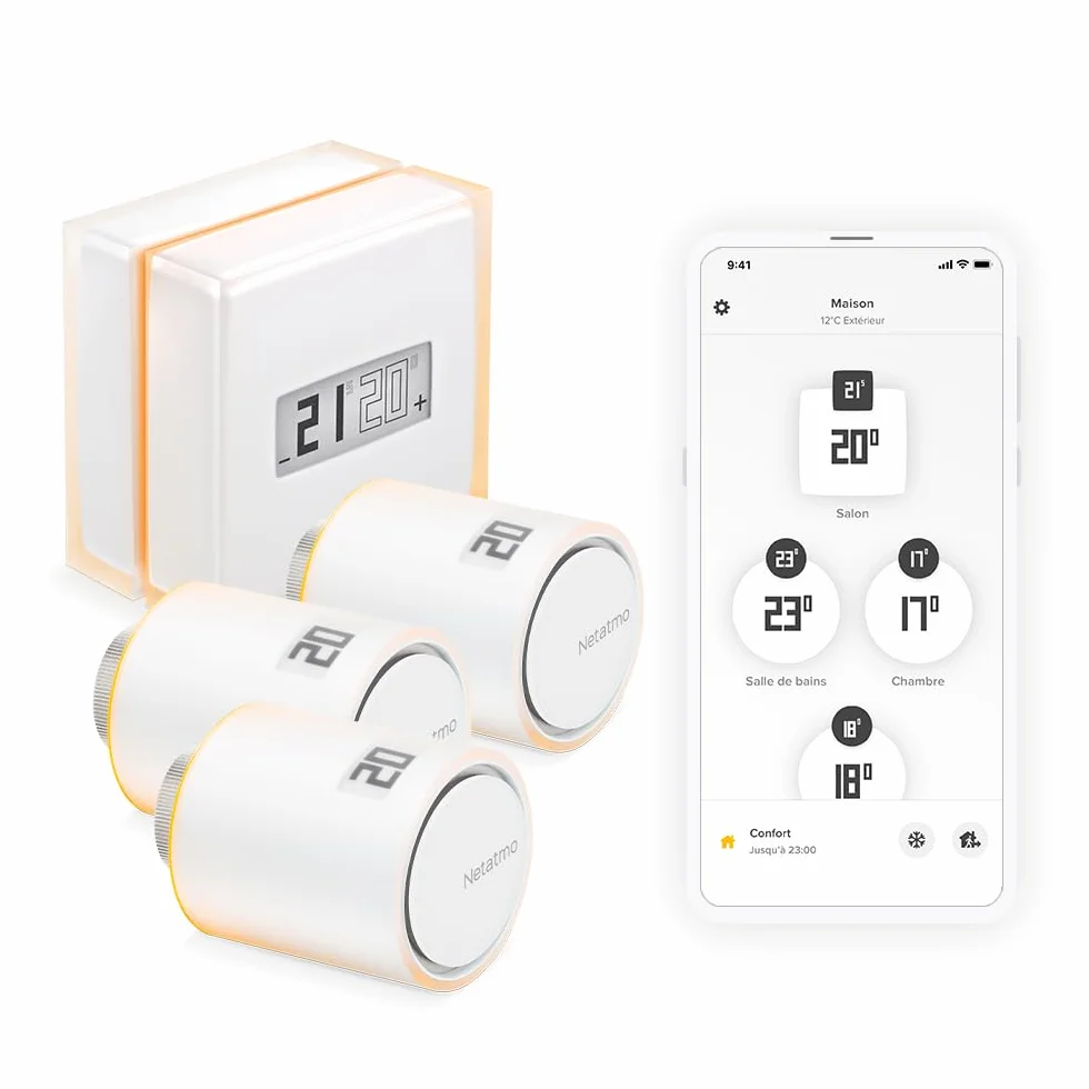 Inteligentny termostat Netatmo + 3 inteligentne głowice termostatyczne, WiFi, zdalne sterowanie za pośrednictwem aplikacji, kompatybilne z indywidualnym ogrzewaniem, NBU-NTH-Nav-EU.
