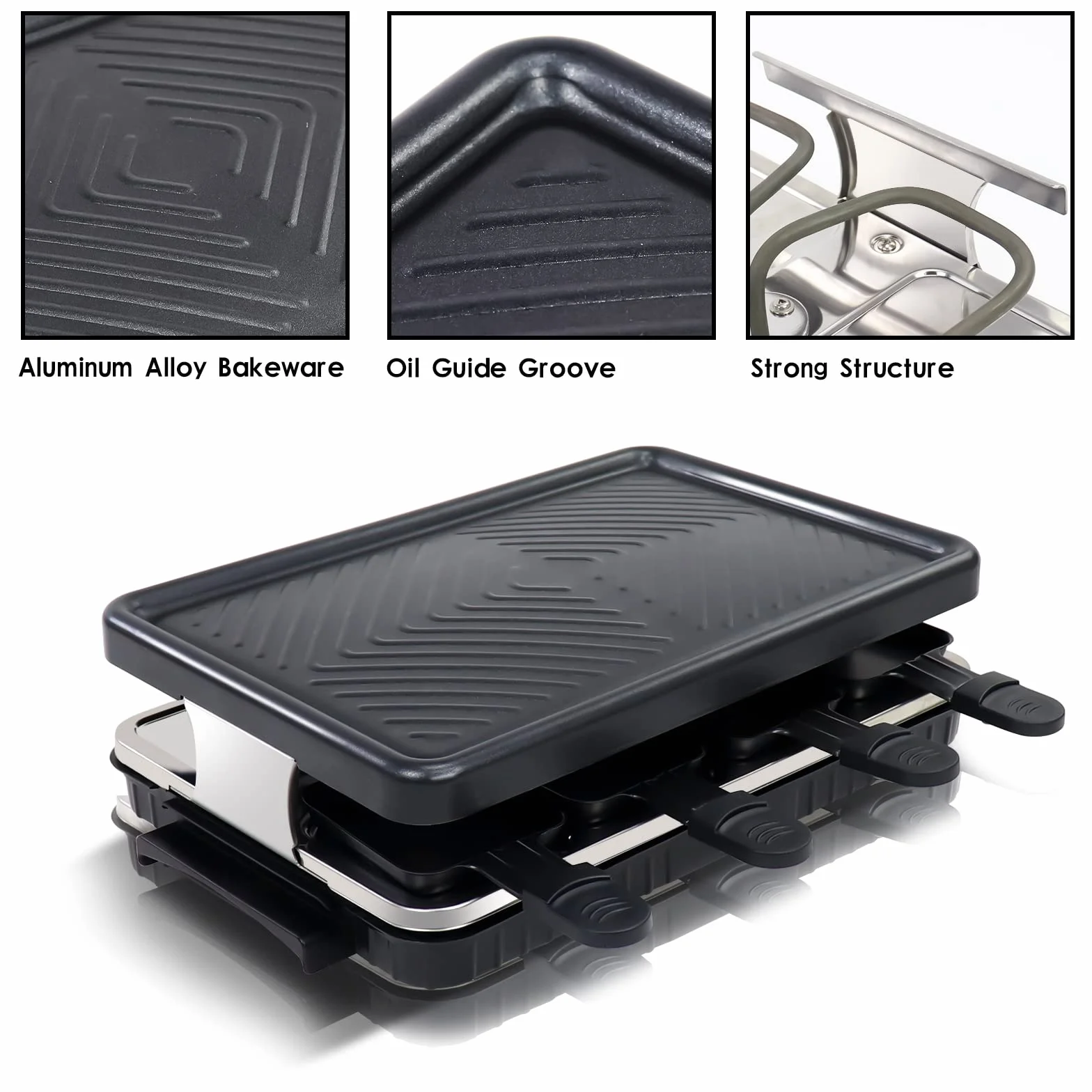 Elektryczny grill stołowy raclette dla 8 osób z powłoką nieprzywierającą, 8 mini patelenkami i 4 drewnianymi szpatułkami