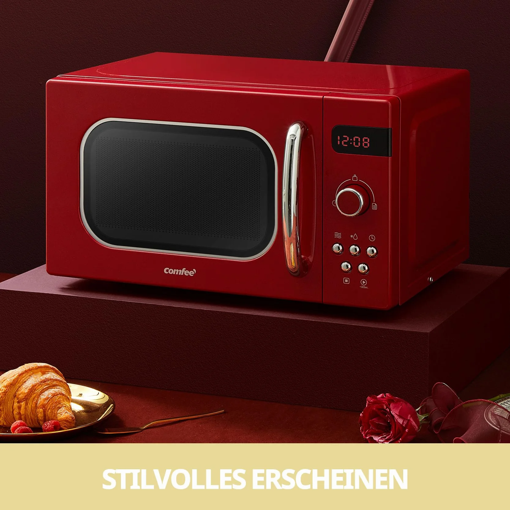 COMFEE' CMSRO 20 x RD Retro Mikrowelle z 8 automatycznymi przyciskami, 5 stopni Celsjusza, 20 l, 800 W, obrotowy obrotowy