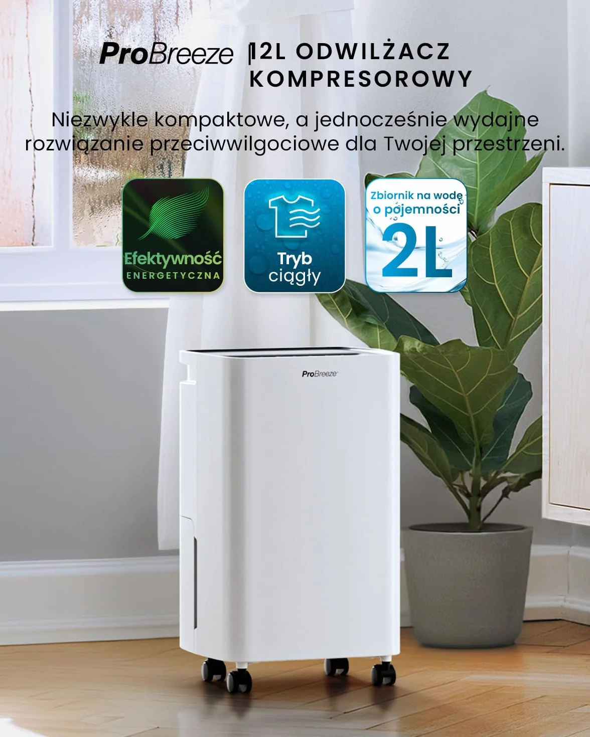 Osuszacz powietrza Pro Breeze 12 L z kompresorem, zbiornikiem 2 L, funkcją suszenia prania i automatycznym czujnikiem wilgotności, timer 24 h
