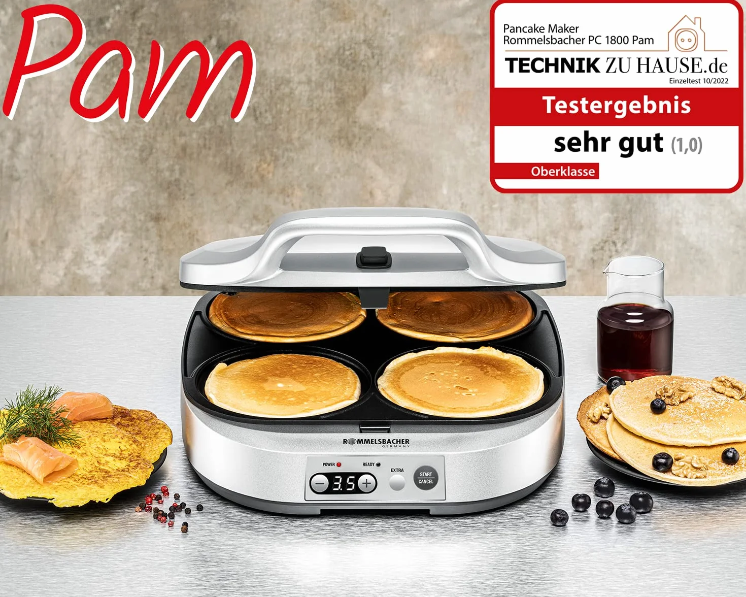 ROMMELSBACHER Pancake Maker PC 1800, 4 wgłębienia do pieczenia o średnicy 13,5 cm, powłoka nieprzywierająca, 15 minut programator czasowy, automatyczne wyłączanie, 1800 W, kolor srebrny