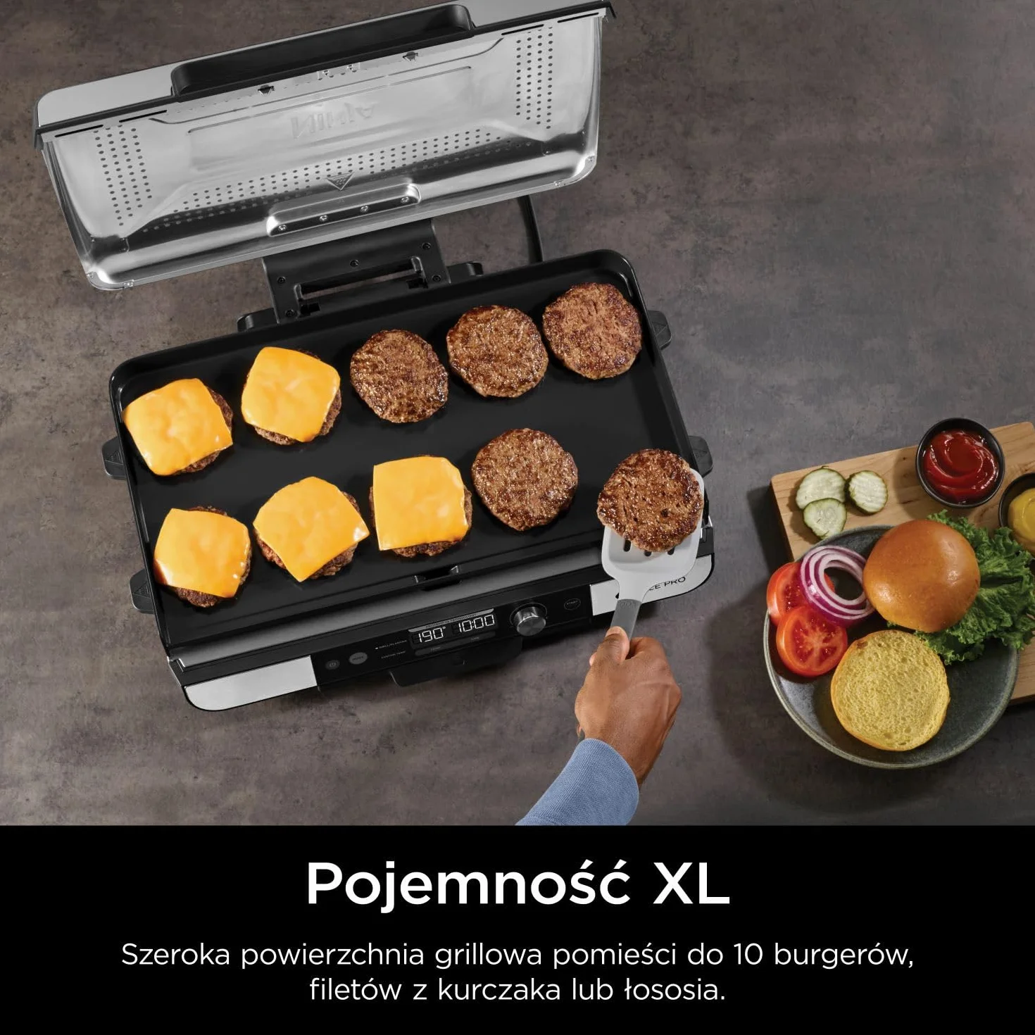 Ninja Sizzle Pro XL Grill z płytą płaską ma płytę grillową z nieprzywierającą powłoką ceramiczną i płaską płytę górną, zdejmowaną pokrywę, tackę na tłuszcz i książkę kucharską, srebrny/czarny GX101EU