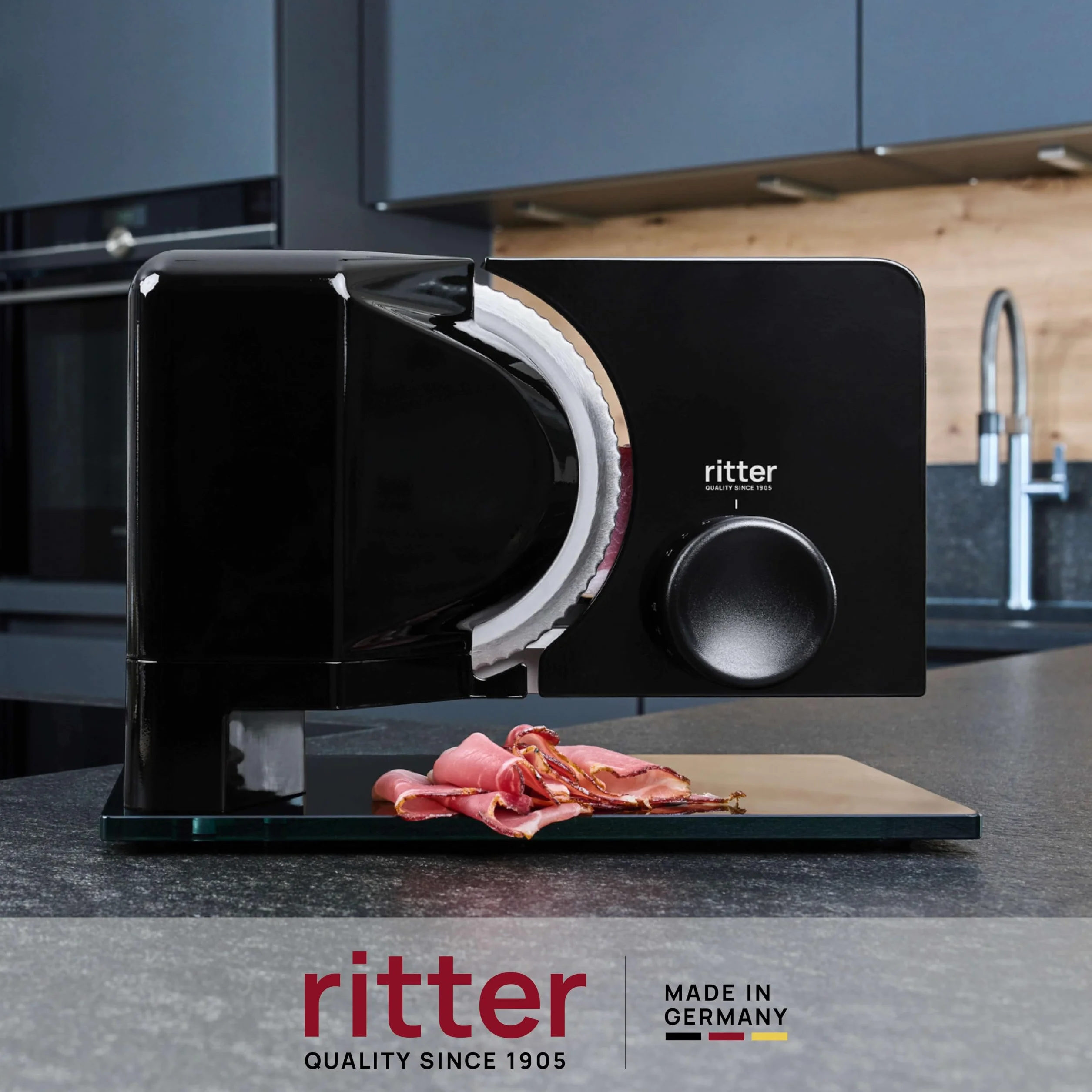 ritter sono 2 elektryczna krajalnica do chleba, wędlin i sera z metalową obudową i silnikiem ECO, Made in Germany, czarna
