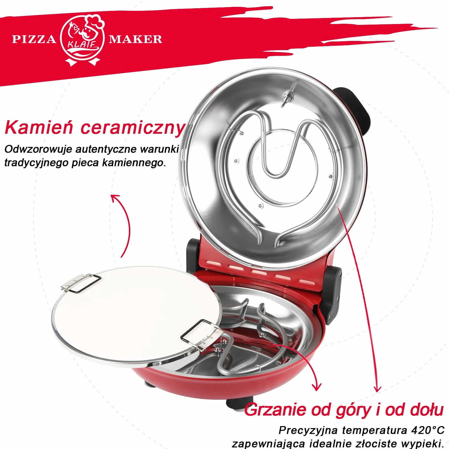 Klaif Elektryczny Piec do Pizzy, Termometr Widoczny & Szklane Okno, Ekspresowa 4-minutowa Piec do Pizzy z Kamieniem Ceramicznym 31cm, 5 Ustawień Temperatury (max 420°C), 1200W, LM-Czerwony