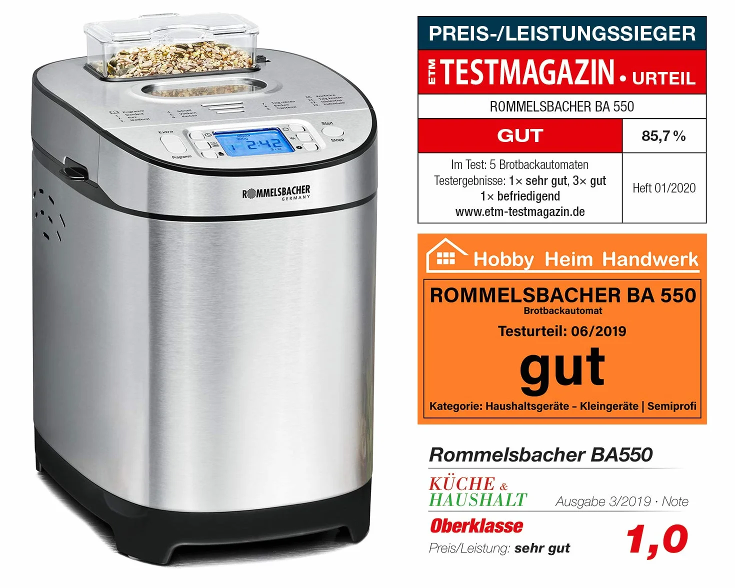 ROMMELSBACHER Automat do pieczenia chleba BA 550 – 13 programów, automatyczny pojemnik na składniki, 2 rozmiary chleba (700 g/900 g), regulowany stopień opiekania na 3 poziomach, również do chleba bez glutenu, stal nierdzewna/czarny