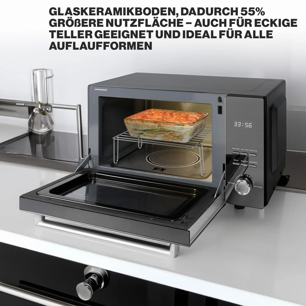 ProfiCook PC-MWG 1204 kuchenka mikrofalowa z grillem, pojemność 23 l, moc kuchenki mikrofalowej 800 W, moc grillowania 1000 W, podwójne przeszklone pionowe drzwi z wysokiej jakości uchwytem ze stali nierdzewnej, kolor czarny