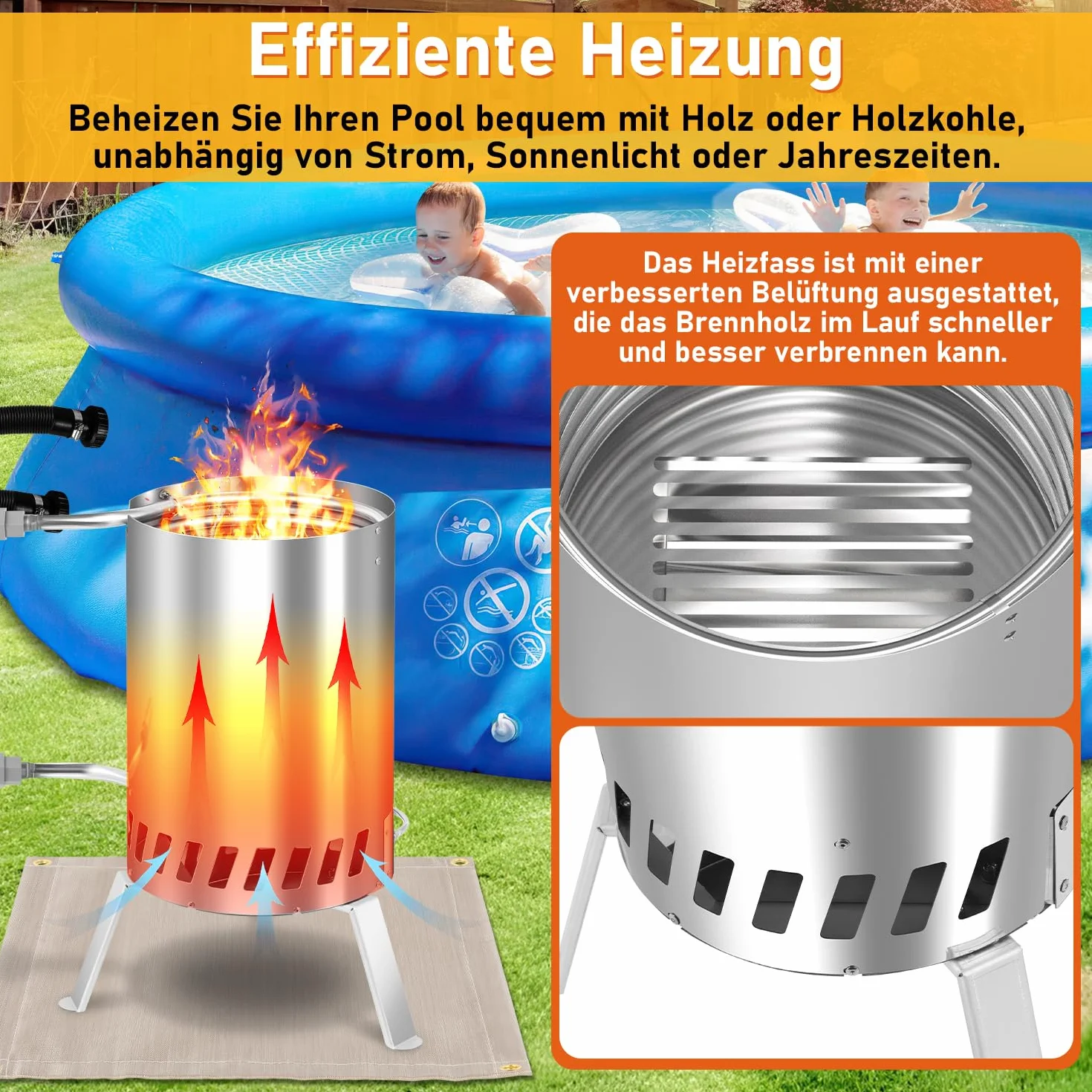 Podgrzewacz basenowy z ogniem i spiralą grzewczą, beczka ogniowa, 100% stal nierdzewna, przyłącze Ø 32-38 mm, beczka ogniowa podgrzewacza basenowego z matami ognioodpornymi i tacką