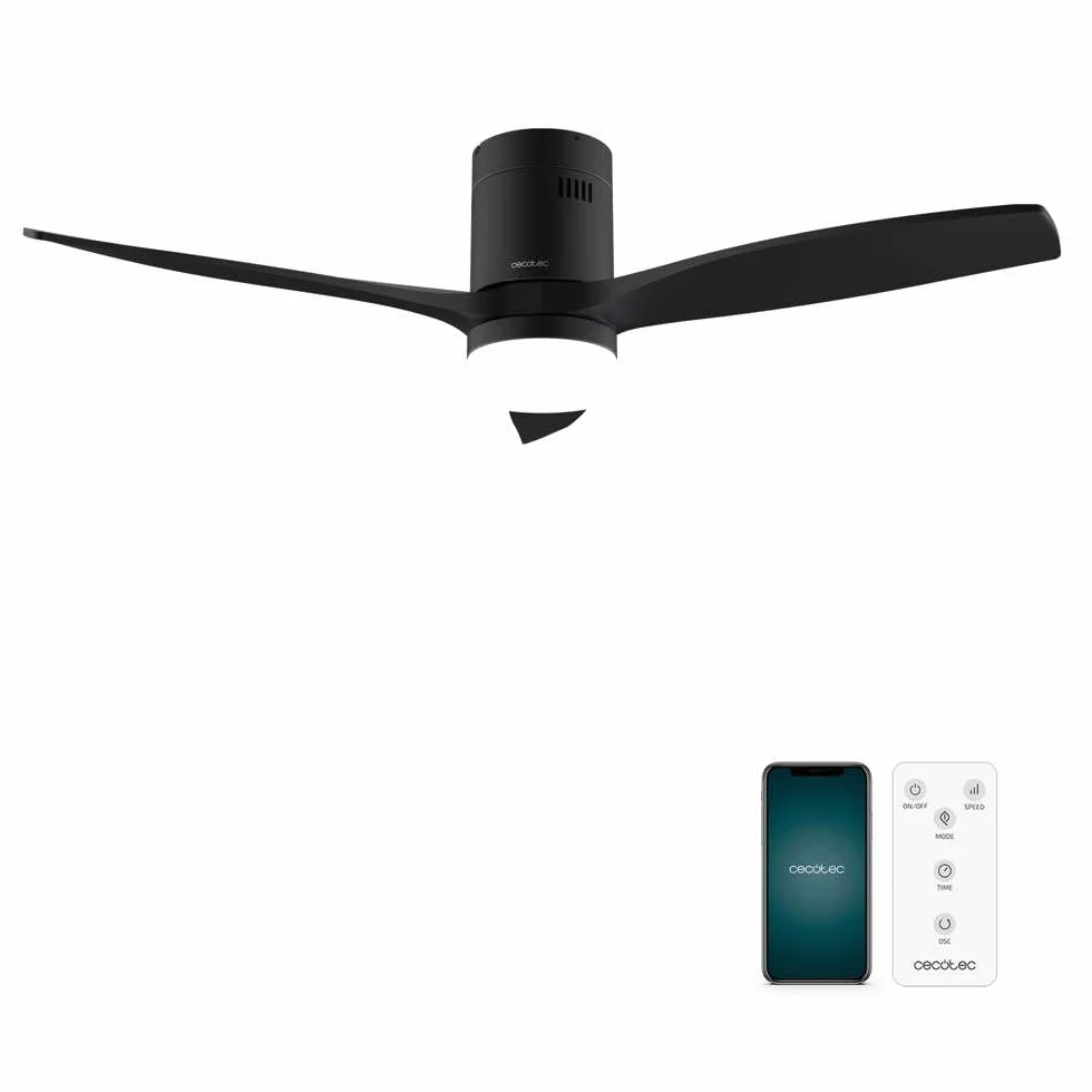 Cecotec - Wentylator sufitowy EnergySilence Aero 5600 Aqua Black&Black - 40 W i 52", Wi-Fi, pilot zdalnego sterowania, stopień ochrony IP44, światło, 6 prędkości, 3 łopatki, zima-lato, timer 8h