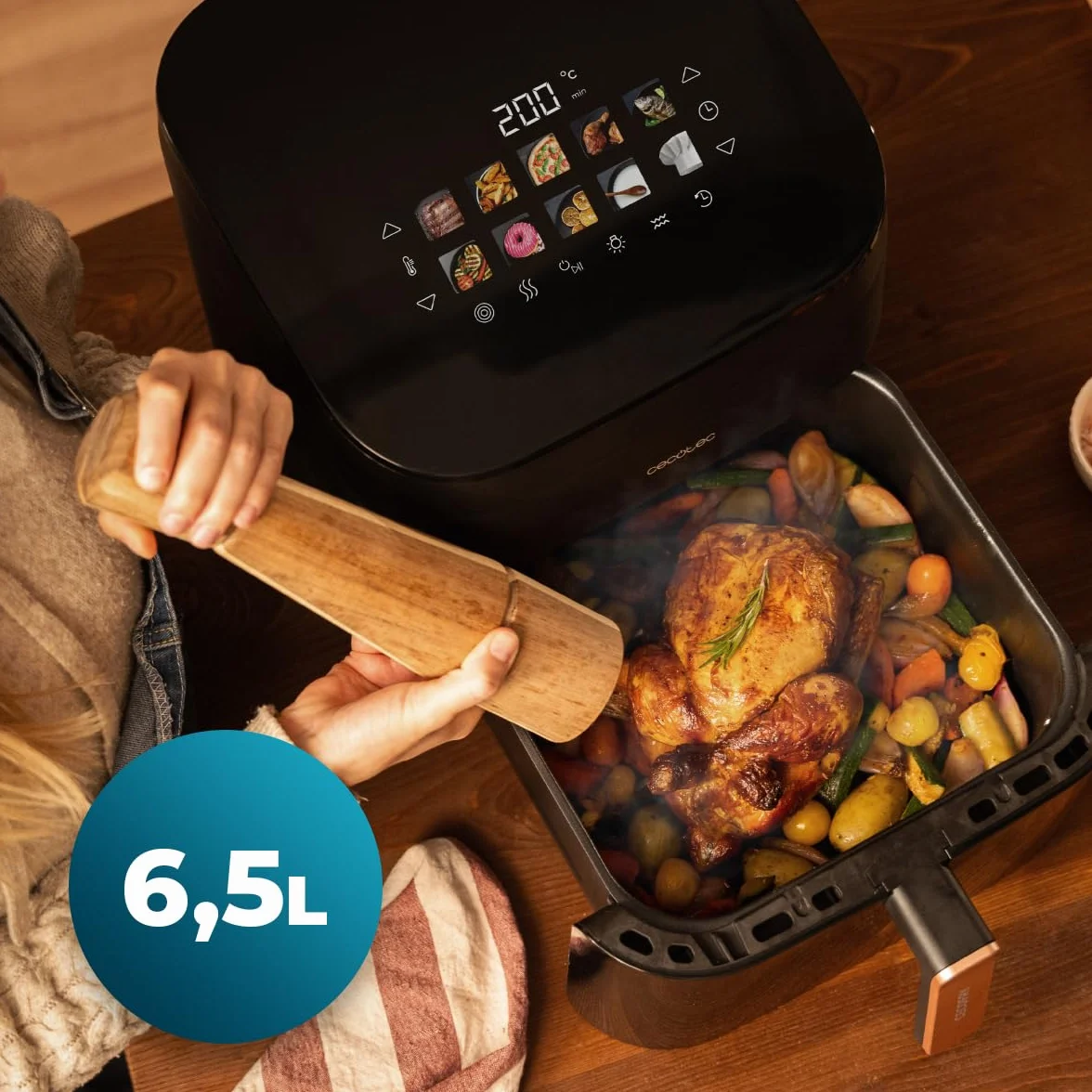 Cecotec Bezolejowa frytkownica powietrzna 6,5 l grill grill podwójna rezystancja zintegrowany Air Fryer Cecofry&Grill Smokin' 6500. 2200W, regulacja temperatury 40-200°C, 10 menu