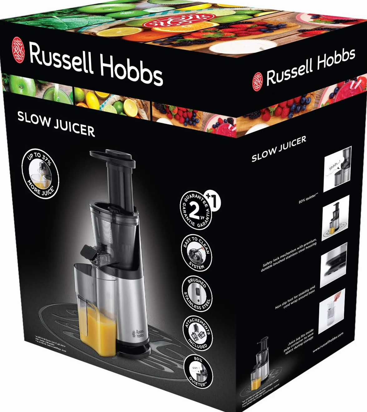 Russell Hobbs sokowirówka, wolnoobrotowa, 1 poziom prędkości, funkcja cofania, cicha, łatwe czyszczenie, blokada bezpieczeństwa, moc 150W, srebrna, czarna, Slow Juicer 25170-56