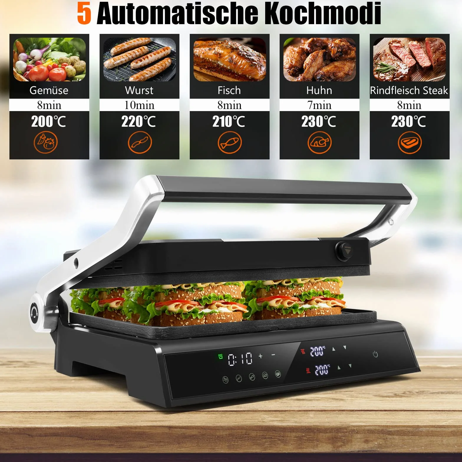 COSTWAY Opiekacz do kanapek 3 w 1, grill kontaktowy 1800 W, gofrownica, 2 wyjmowane płyty nieprzywierające, niezależne i dokładne ustawienie temperatury, 90°C - 230°C, akcesoria łatwe do czyszczenia