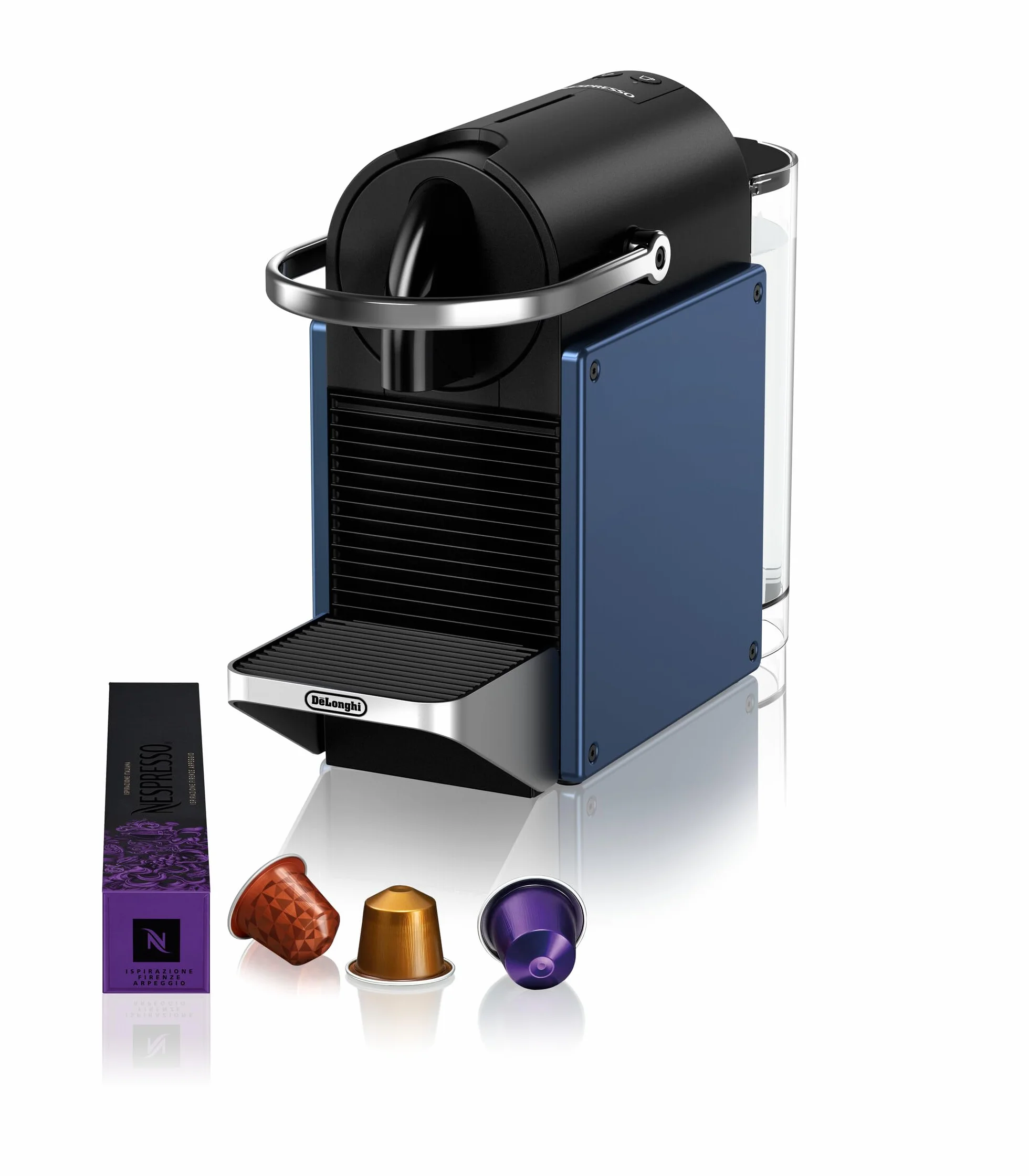 NESPRESSO De'Longhi Pixie EN127.BL ekspres do kawy na kapsułki, dwa przyciski bezpośredniego wyboru, tryb ECO, kompaktowa konstrukcja, system ciśnienia 19 bar, 1260 W, niebieski/czarny