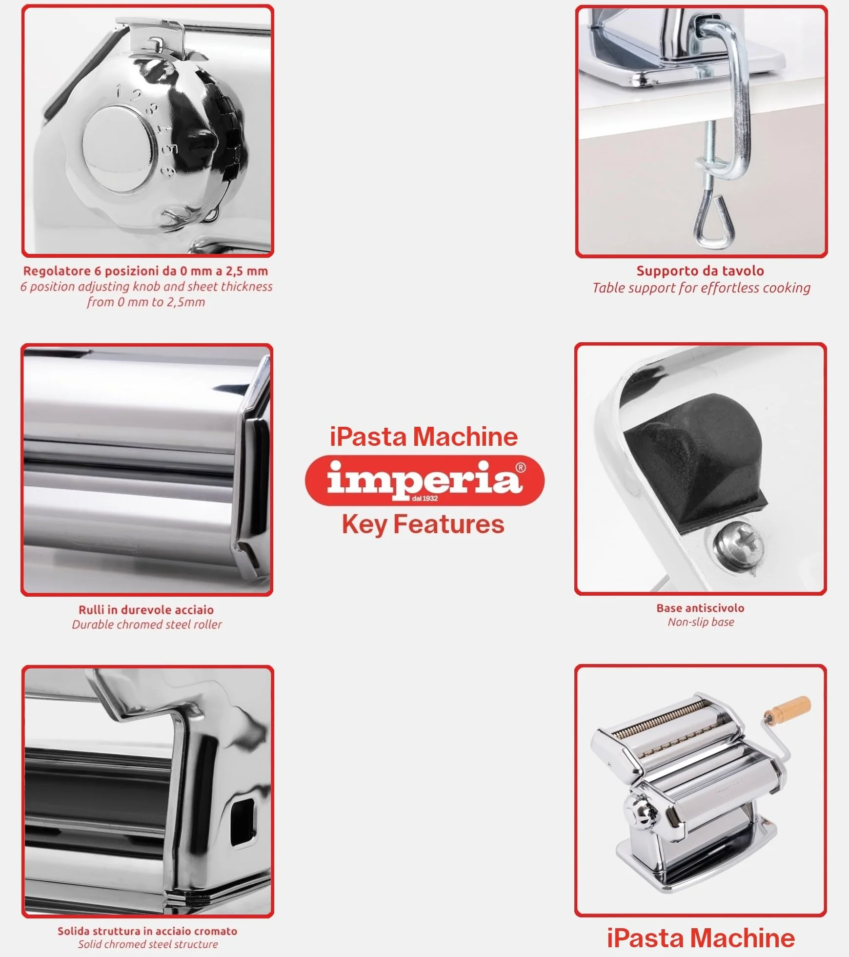 Imperia Nowa maszyna do makaronu IPASTA 100% Made in Italy. Maszyna do świeżej pasty stalowej. Ręczna maszyna do przesuwania z korby. Utwórz przeglądarkę dla Lasagne, Tagliolini, Fettuccine. Chrome