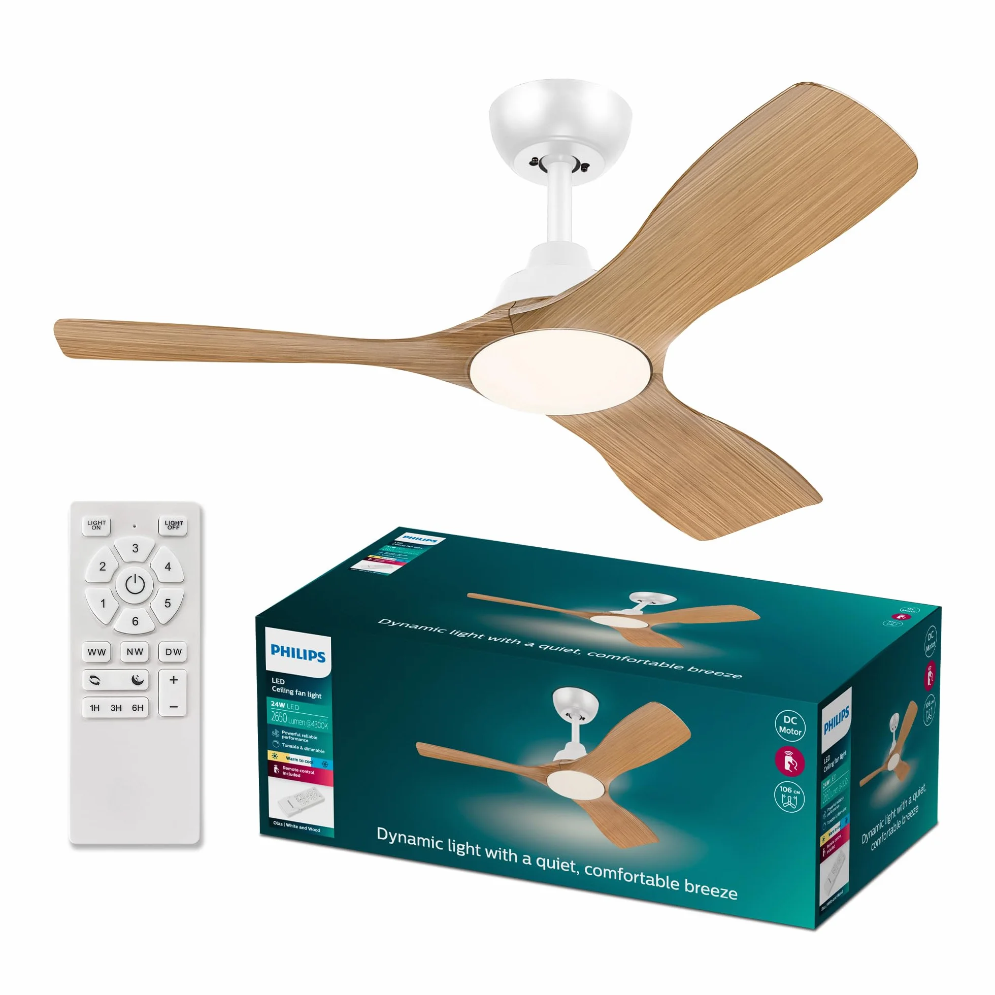 Wentylator sufitowy Philips Olas z 3 łopatkami, światłem LED 24W, silnikiem DC i funkcją regulacji temperatury barwowej (3000K-4300K-6500K) z możliwością przyciemniania, 42",biały, W zestawie pilot.