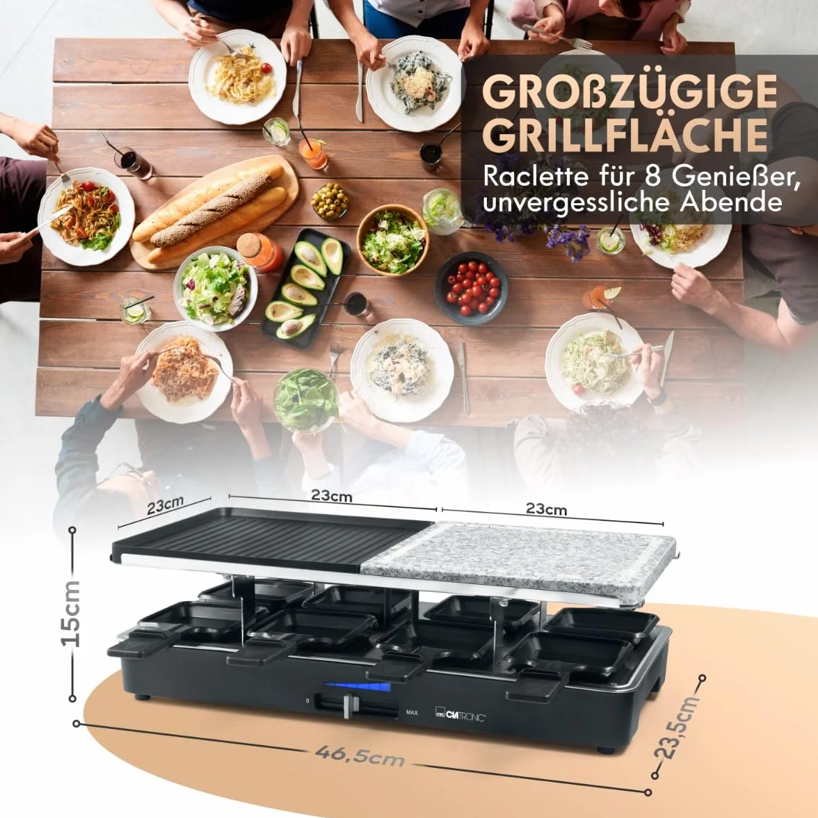 Clatronic RG 3518 Grill Raclette z Gorącym Kamieniem, Dwustronna Płyta, Czarny