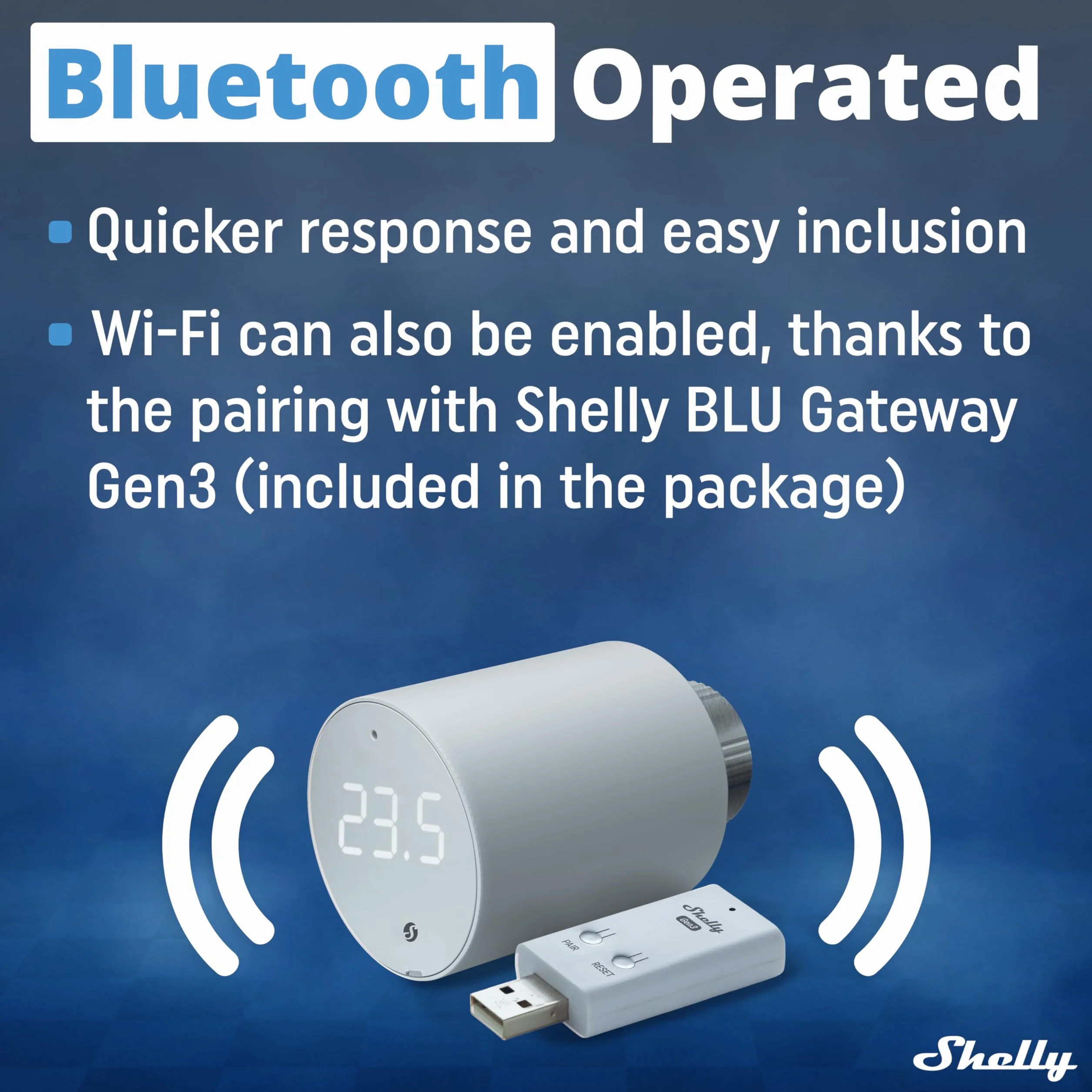 Shelly Blu TRV Gateway Gen3 Zestaw 3 inteligentnych głowic termostatycznych Bluetooth Wi-Fi USB-A sterowanie przez aplikację oszczędność energii obrotowy wyświetlacz