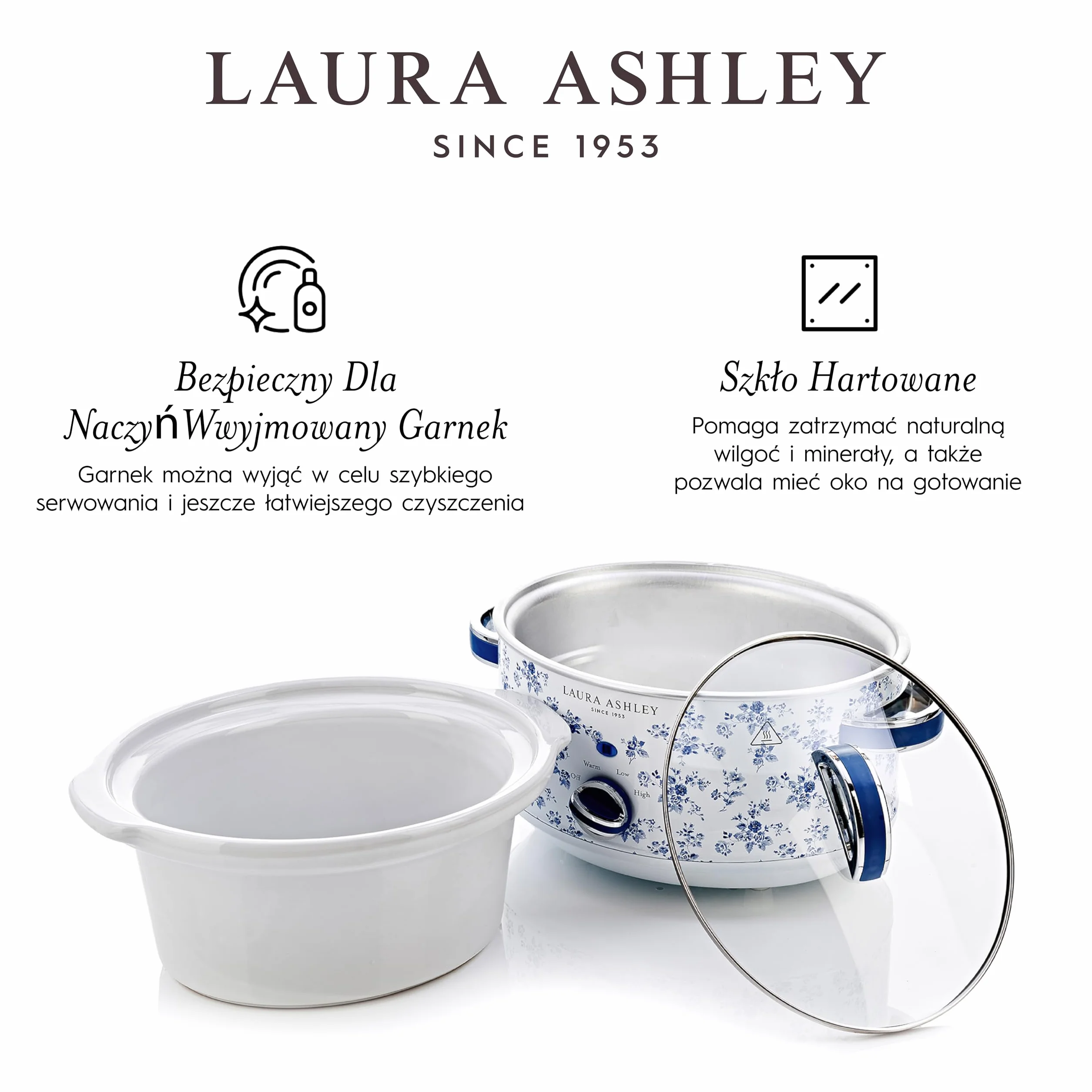 Wolnowar elektryczny Laura Ashley 6,5 Litra z Nadrukiem China Rose firmy VQ - Wolnowar dla 8 do 10 Osób, Energooszczędny, z 3 Ustawieniami Temperatury i Pokrywką ze szkła Hartowanego