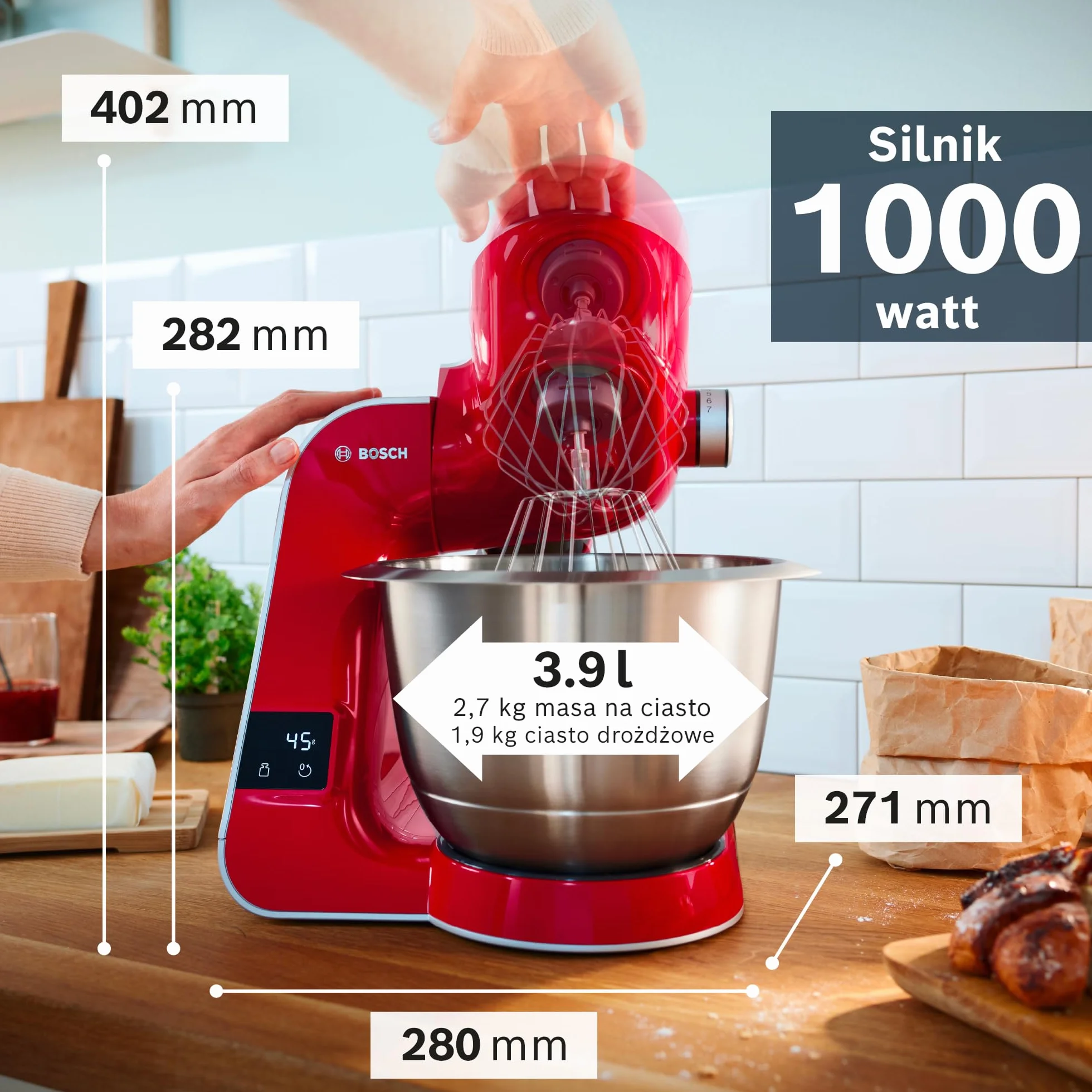Bosch MUM5X720 Mikser Stojący 1000 W Misa 3,9 l Stal Nierdzewna Czerwony