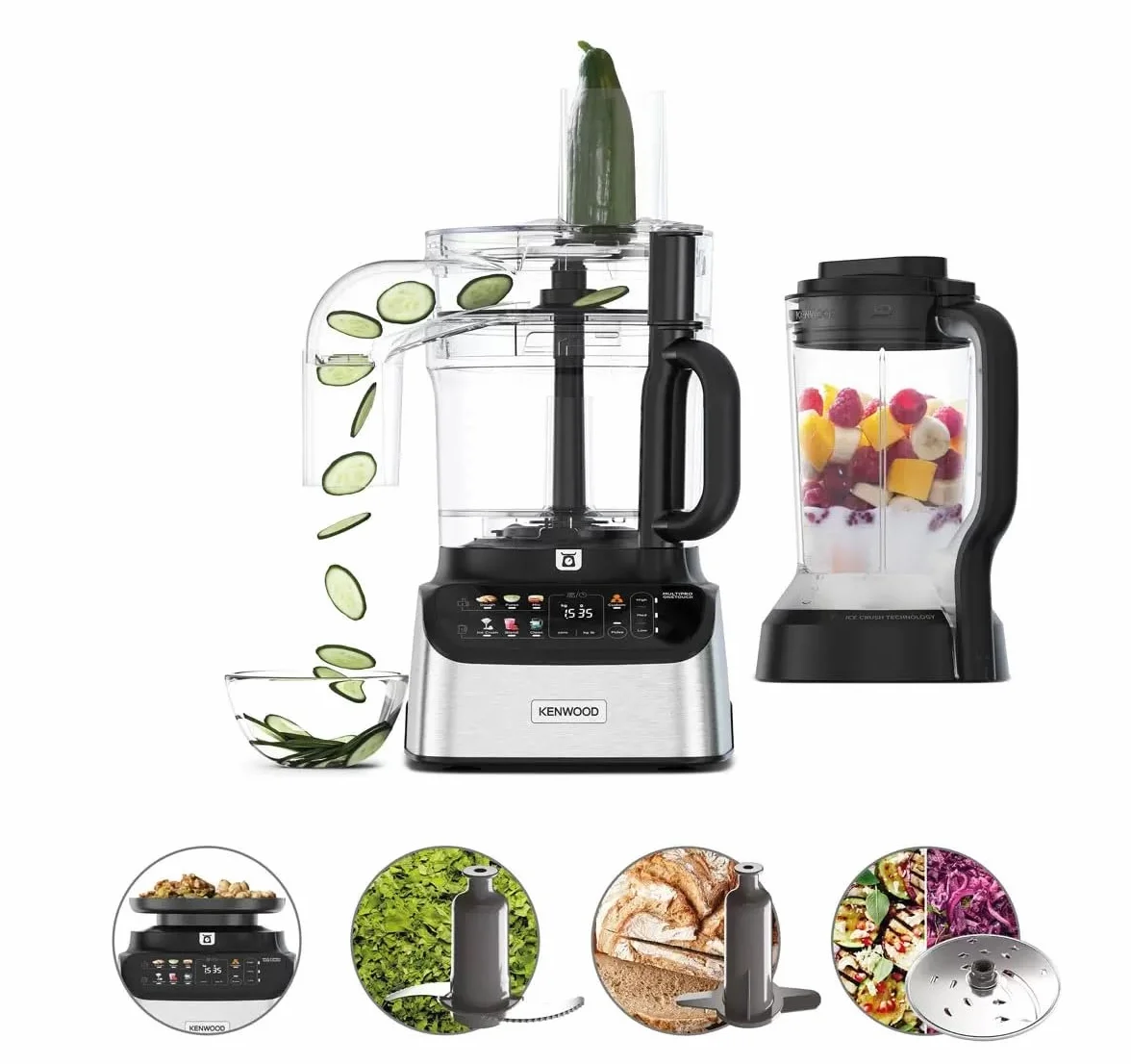 Kenwood MultiPro OneTouch FDM73.480SS, wielofunkcyjny robot kuchenny z 6 ustawieniami wstępnymi, wyposażony w 5 akcesoriów, akcesoria Express Serve, zmienna prędkość, wbudowana waga, 1000 W, srebrny