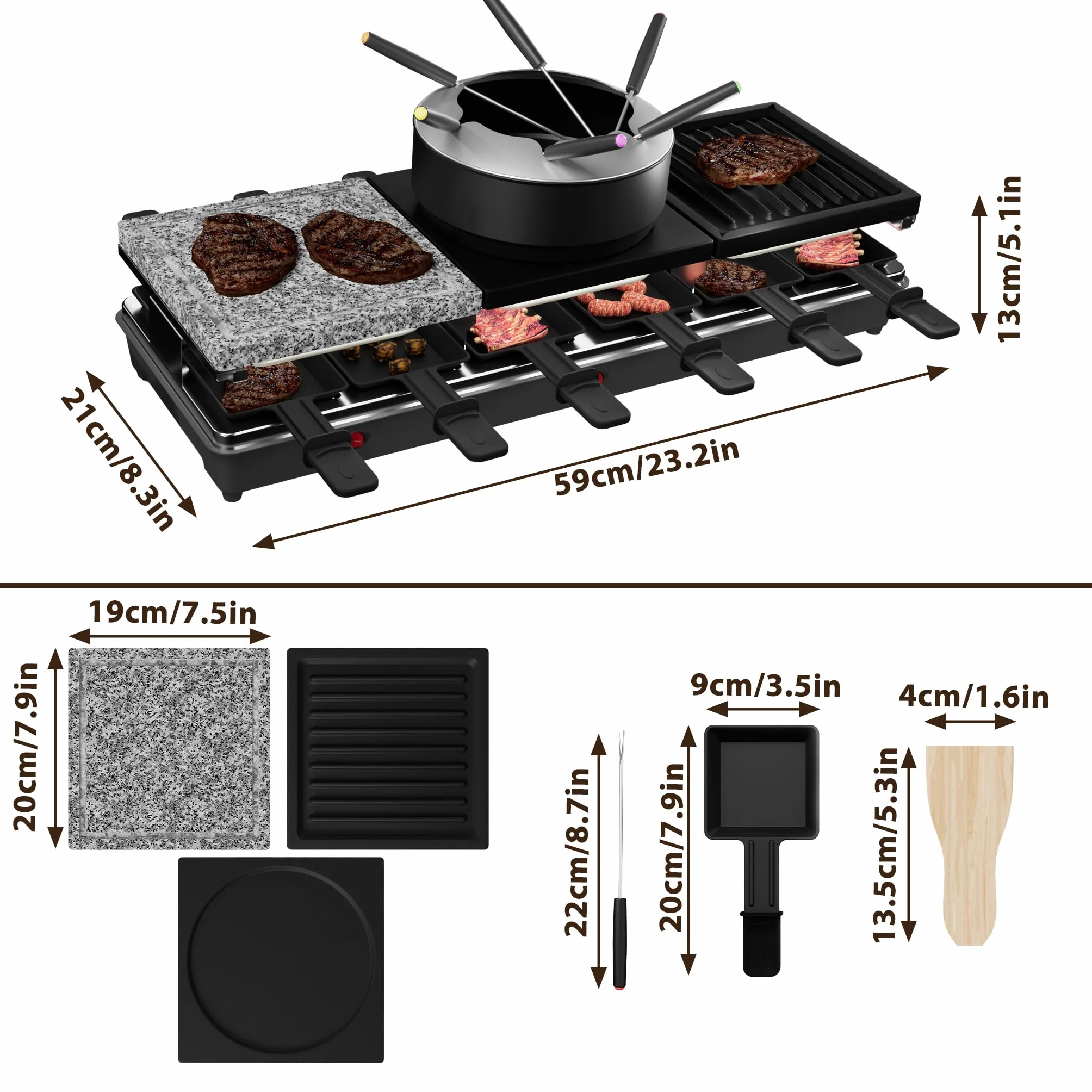 ACXIN Grill do raclette 3 w 1 i zestaw do fondue 1650 W dla 12 osób z płytą kamienną
