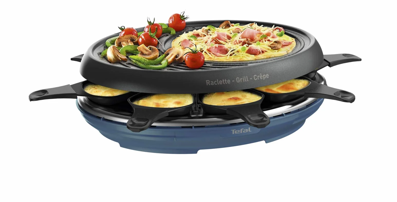 Tefal Raclette Colormania 3 w 1 Urządzenie do Raclette 1050 W, 8 Miseczek, Niebieska Stal