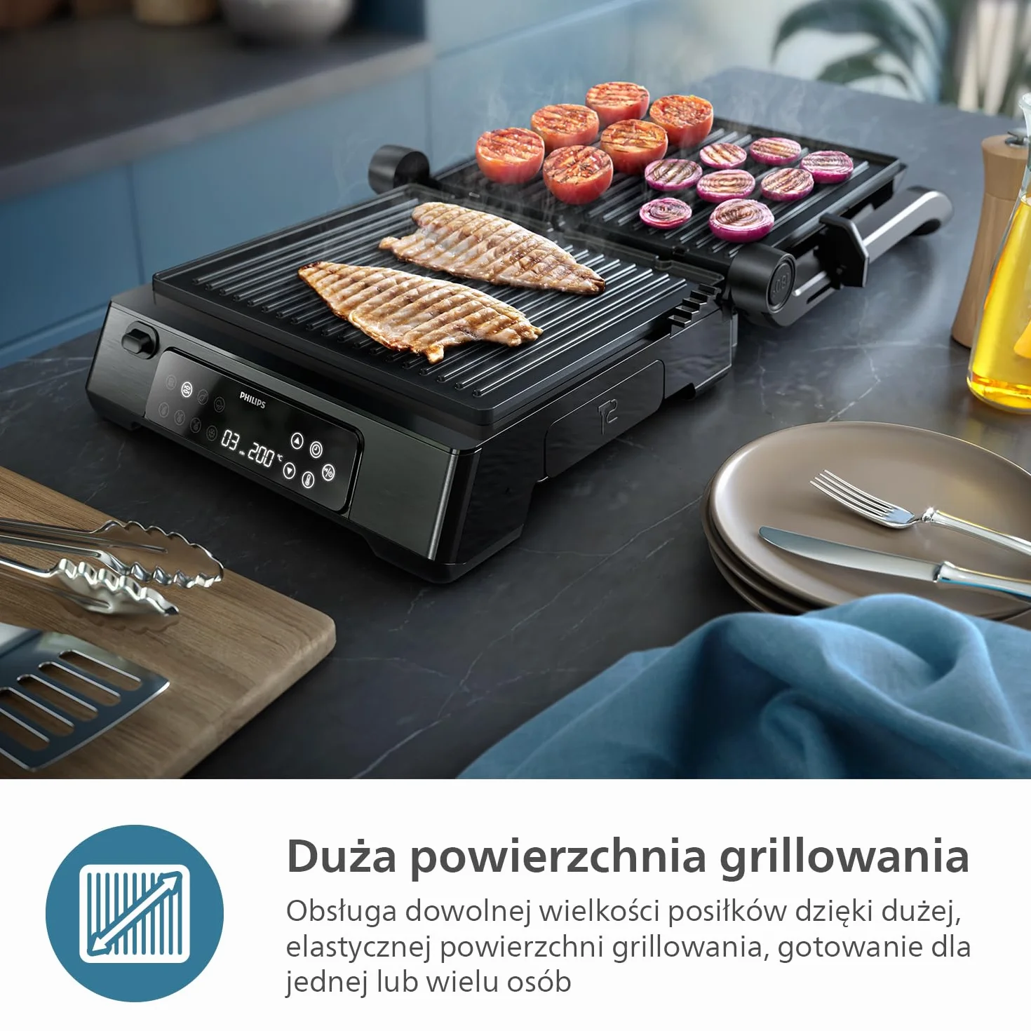 Philips Grill Elektryczny - Sonda Temperatury i 8 Zaprogramowanych Funkcji Grill z Dużą Powierzchnią Grillowania. Cyfrowa Regulacja Temperatury. Łatwy w Czyszczeniu (HD6307/70)