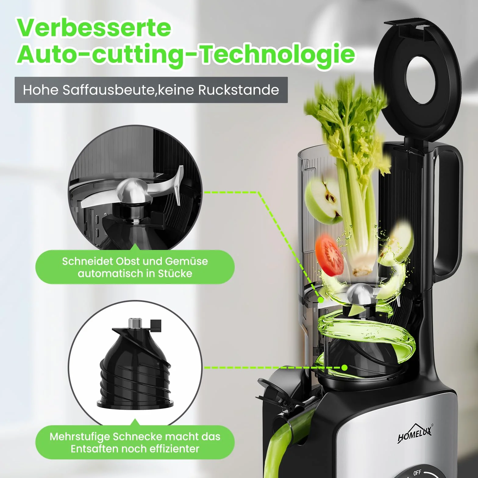 HOMELUX Sokowirówka 220 W Slow Juicer 126 mm otwór wlotowy do całych warzyw i owoców