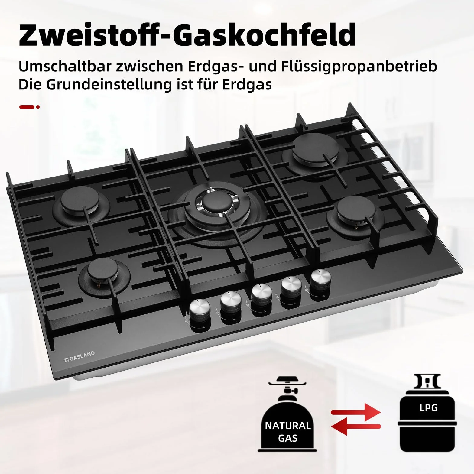 GASLAND GH2805BG1FC szklana płyta gazowa, 5-żarówkowa, płyta kuchenna do zabudowy z palnikiem wok, 76 cm, czarna płyta gazowa do zabudowy, na butan, LPG/gaz ziemny, 10400 W