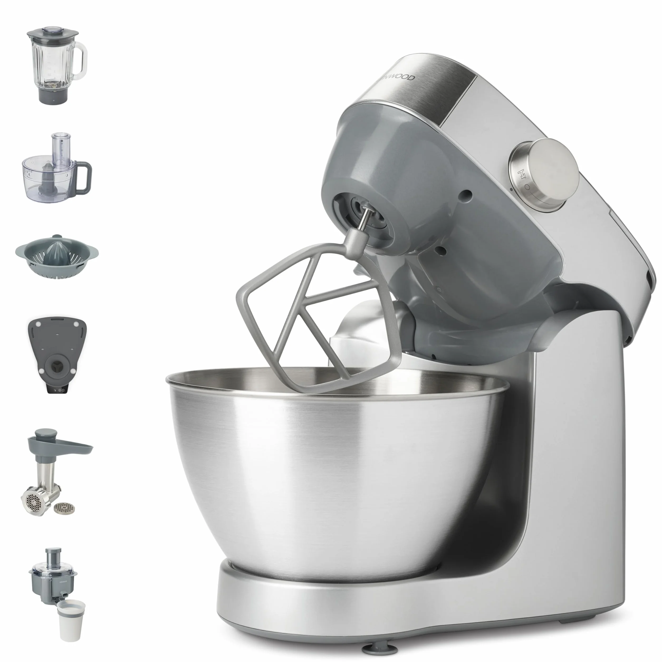 Kenwood Prospero+ KHC29A.R0SI robot kuchenny, miska ze stali nierdzewnej 4,3 l, w zestawie 10-częściowy zestaw akcesoriów z maszynką do mięsa, szklanym mikserem, wyciskarką do cytrusów, sokowirówką i
