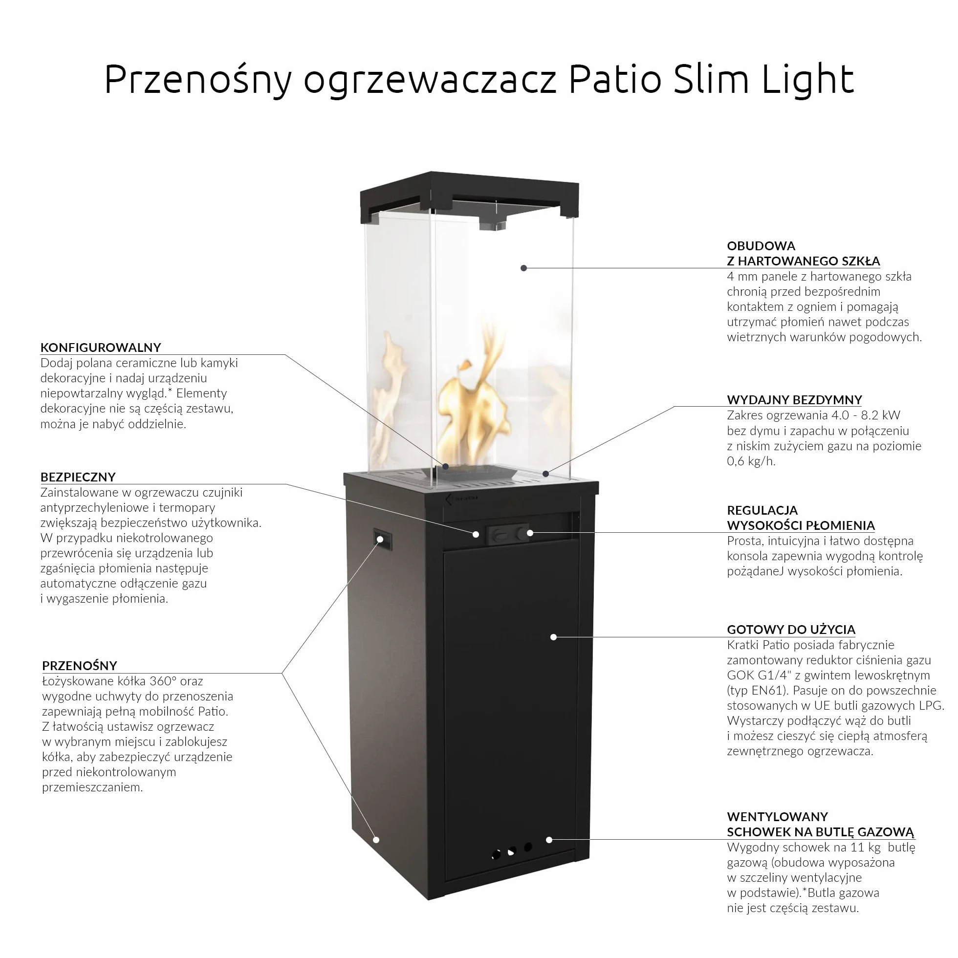 KRATKI tarasowy ogrzewacz gazowy Patio Light czarny 8,2 kW - Propan-Butan G30/37mbar - wydajny ogrzewacz zewnętrzny - łatwe sterowanie - kominek ogrodowy - zestaw z wężem i reduktorem