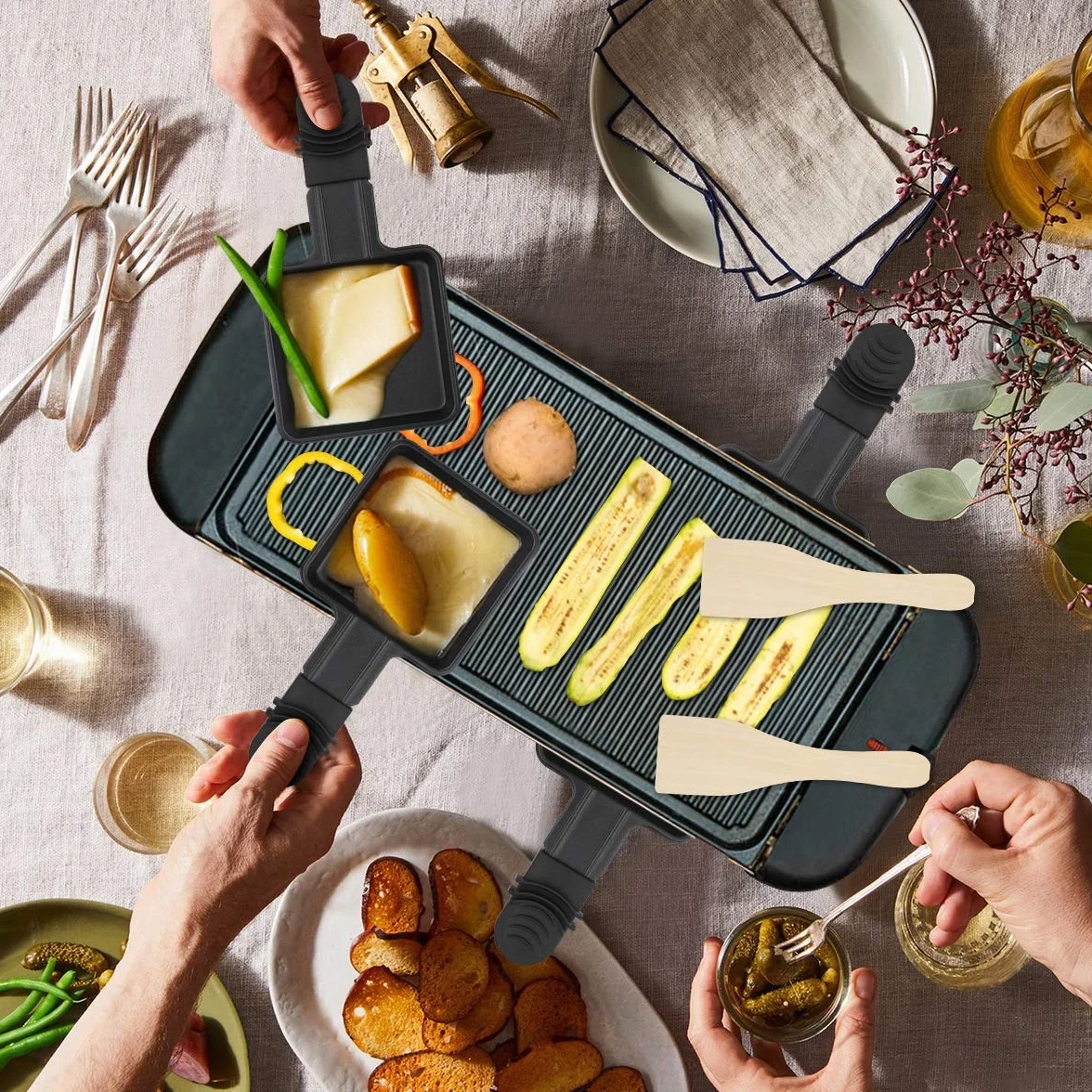 Datyeco 4 patelnie z powłoką zapobiegającą przywieraniu, wymienne patelnie do grilla raclette z powłoką zapobiegającą przywieraniu i 4 drewniane łopatki do grilla raclette