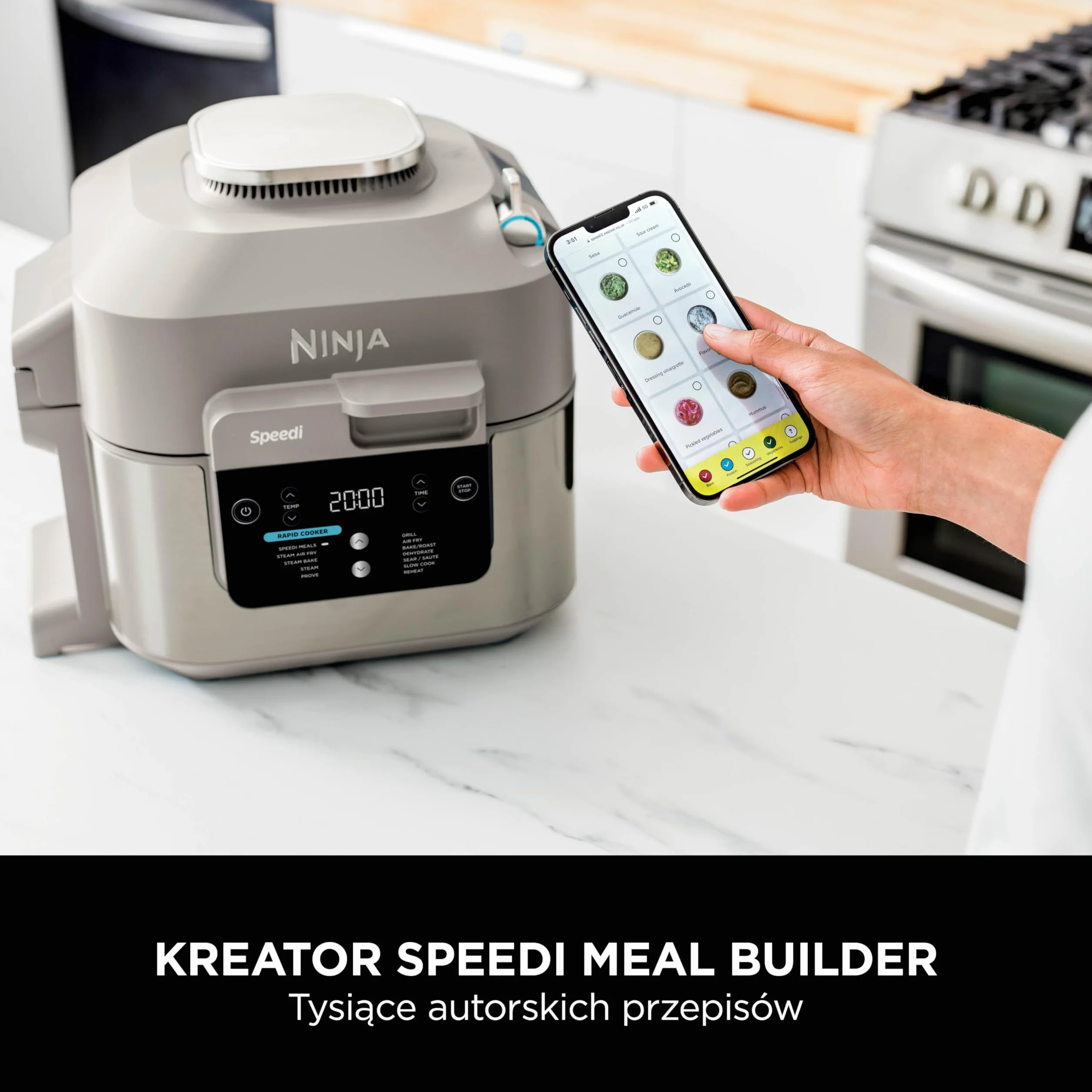 Ninja Speedi 10 w 1, frytkownica beztłuszczowa i multicooker, 5,7 l, parowar, grill, ciasta, pieczenie, smażenie, wolnowar, posiłki dla 4 osób w 15 minut, zzłoty odcień kamienia, ON500EUSTGD