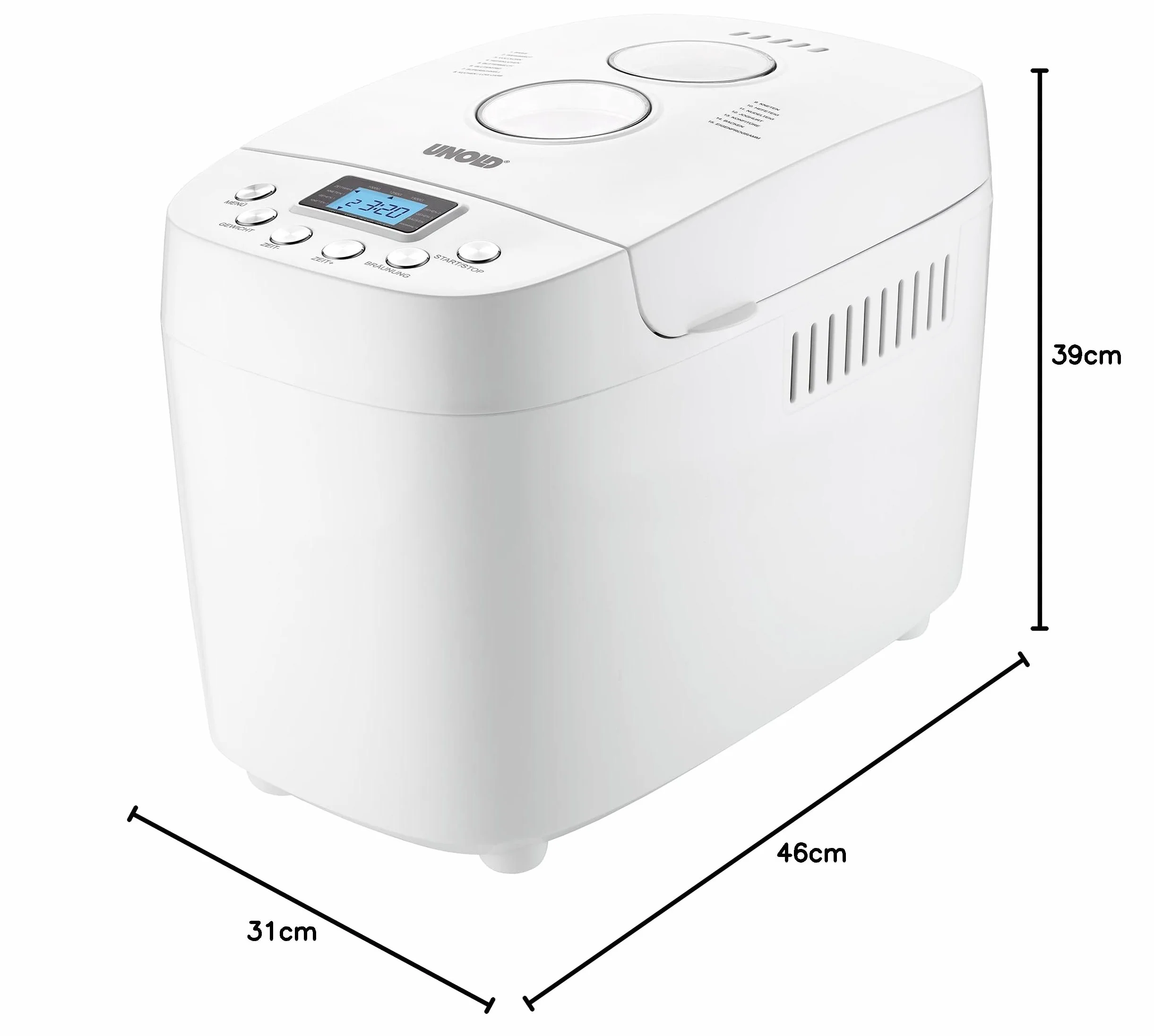 UNOLD 68520 BACKMEISTER Big White do 1500 g chleba, z 15 programami do bezglutenowego chleba, funkcja timera, funkcja utrzymania towaru, wyświetlacz LCD, biały