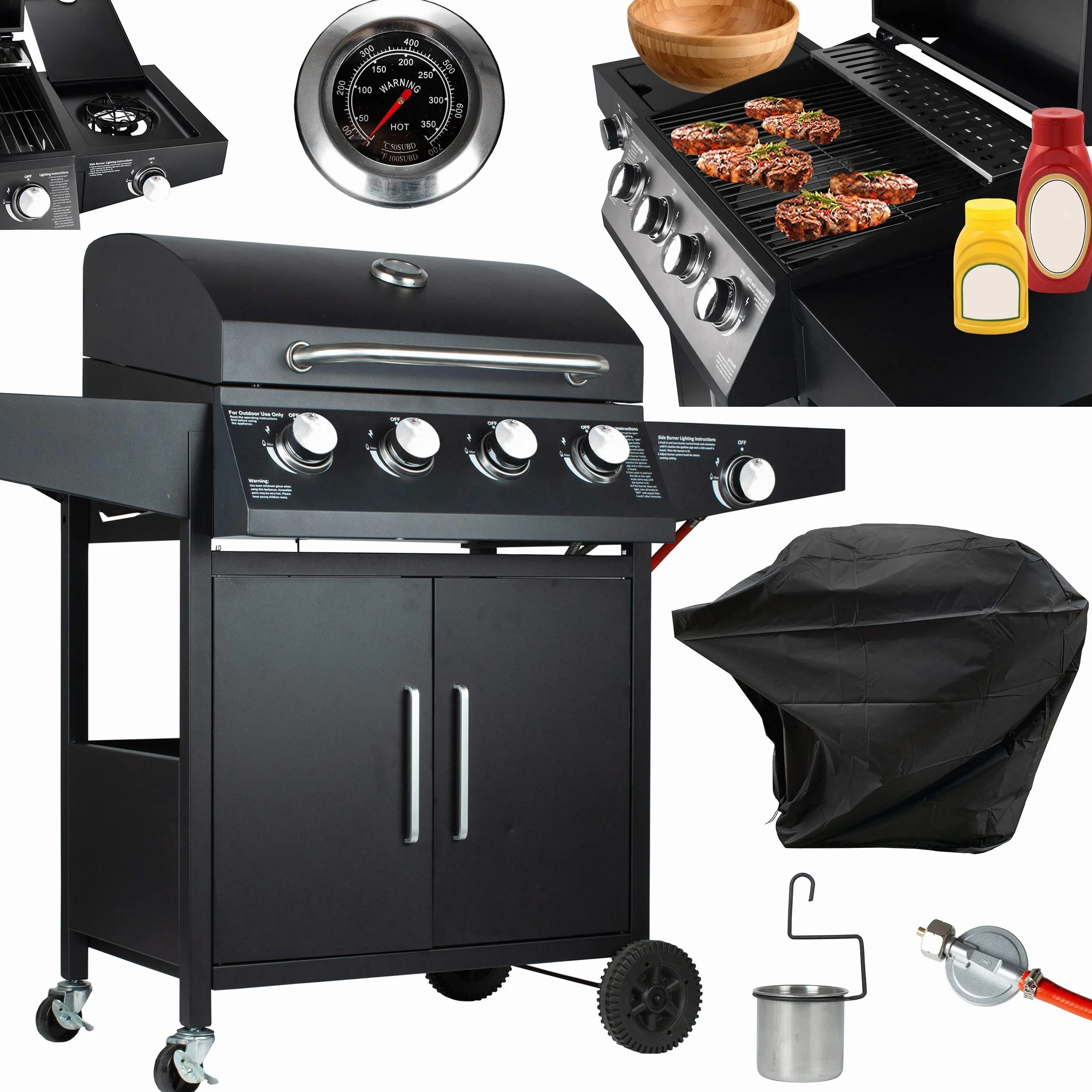 GrillMaster Grill Gazowy PartyTogether 4+1 + Pokrowiec, Ogrodowy, Na Gaz, z Termometrem, z Kółkami, z Dodatkowym Palnikiem