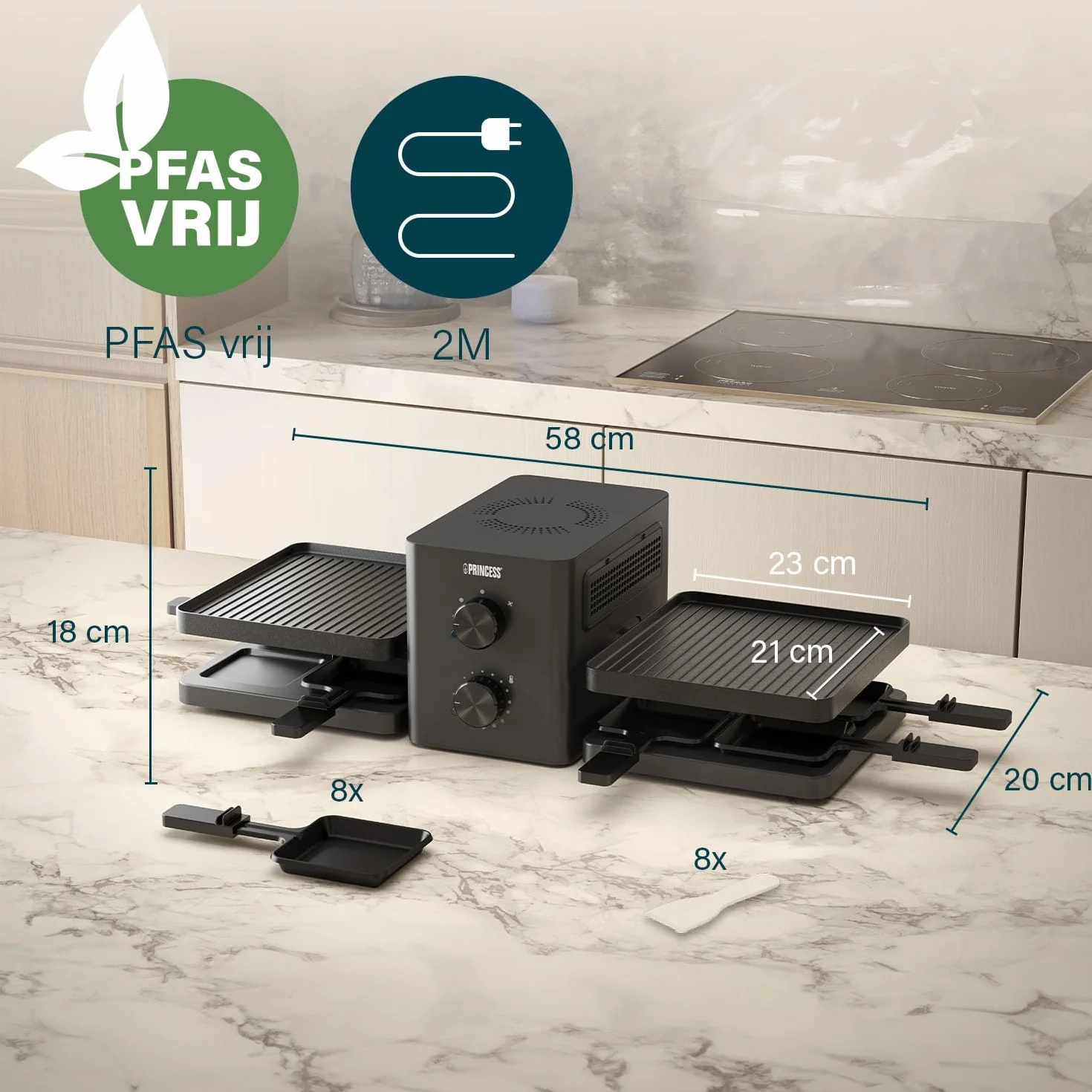 Princess Raclette Purify 8-osobowy zintegrowany system filtrowania powietrza, regulowany termostat, powłoka nieprzywierająca, przewód 2 m