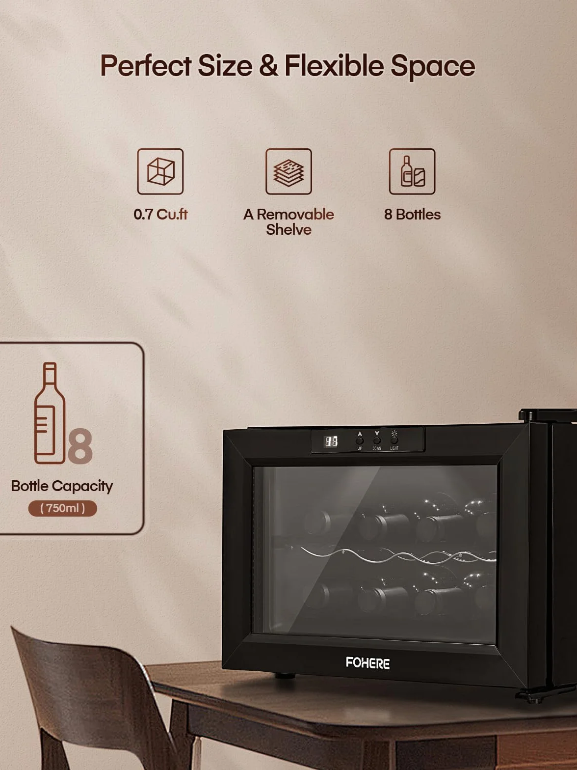 FOHERE Lodówka na 8 butelek, 22 litry, stołowa lodówka na wino ze szklanymi drzwiami, LED + cyfrowy wyświetlacz, lodówka na napoje, 8-18 °C, pojedyncza strefa