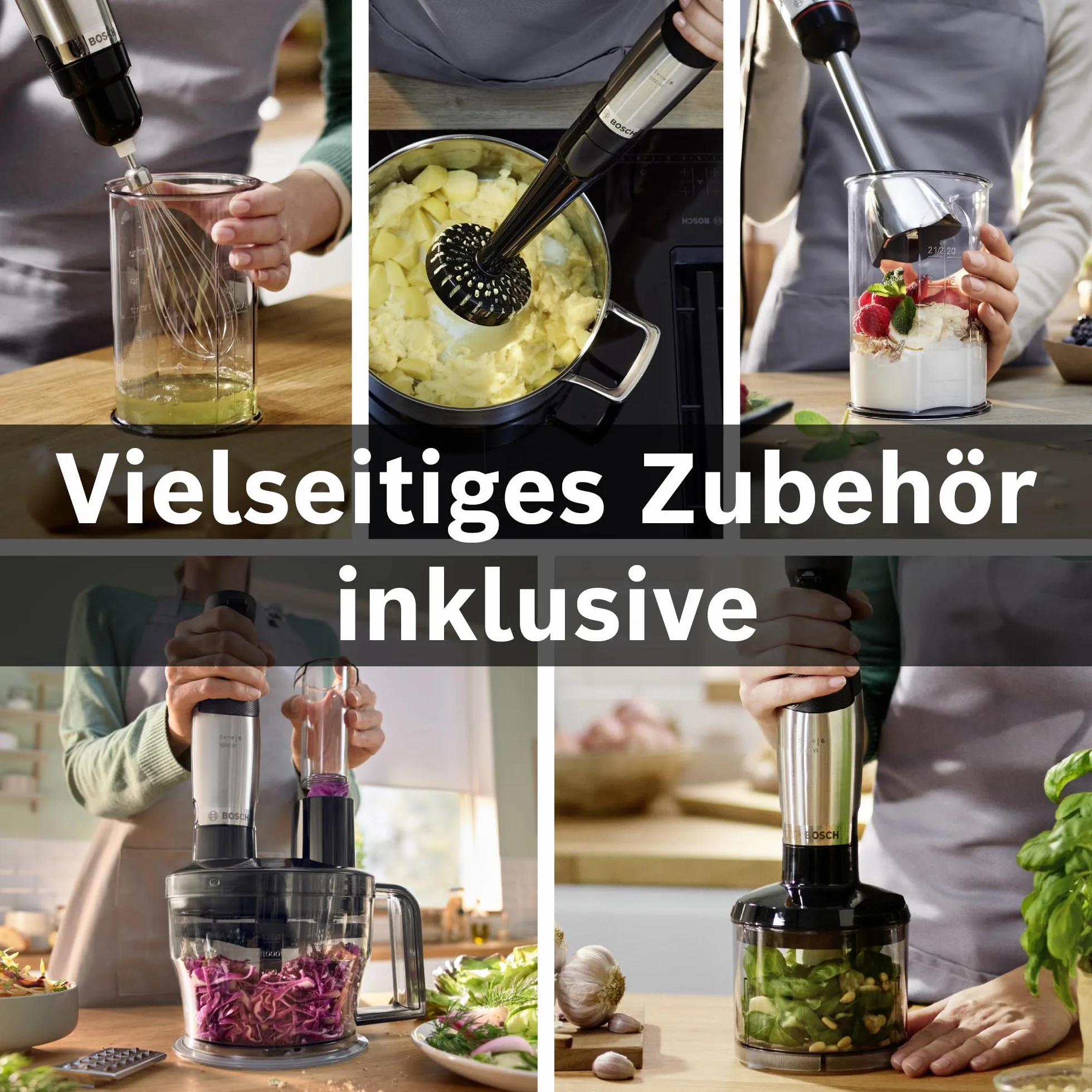 Bosch Blender Ręczny ErgoMaster Serie 6 MSM6M673, 1000 W, 4 Ostrza ze Stali Nierdzewnej, Wygodne sterowanie, Rozdrabniacz, Końcówka do Puree, Trzepaczka, Czarny/Srebrny