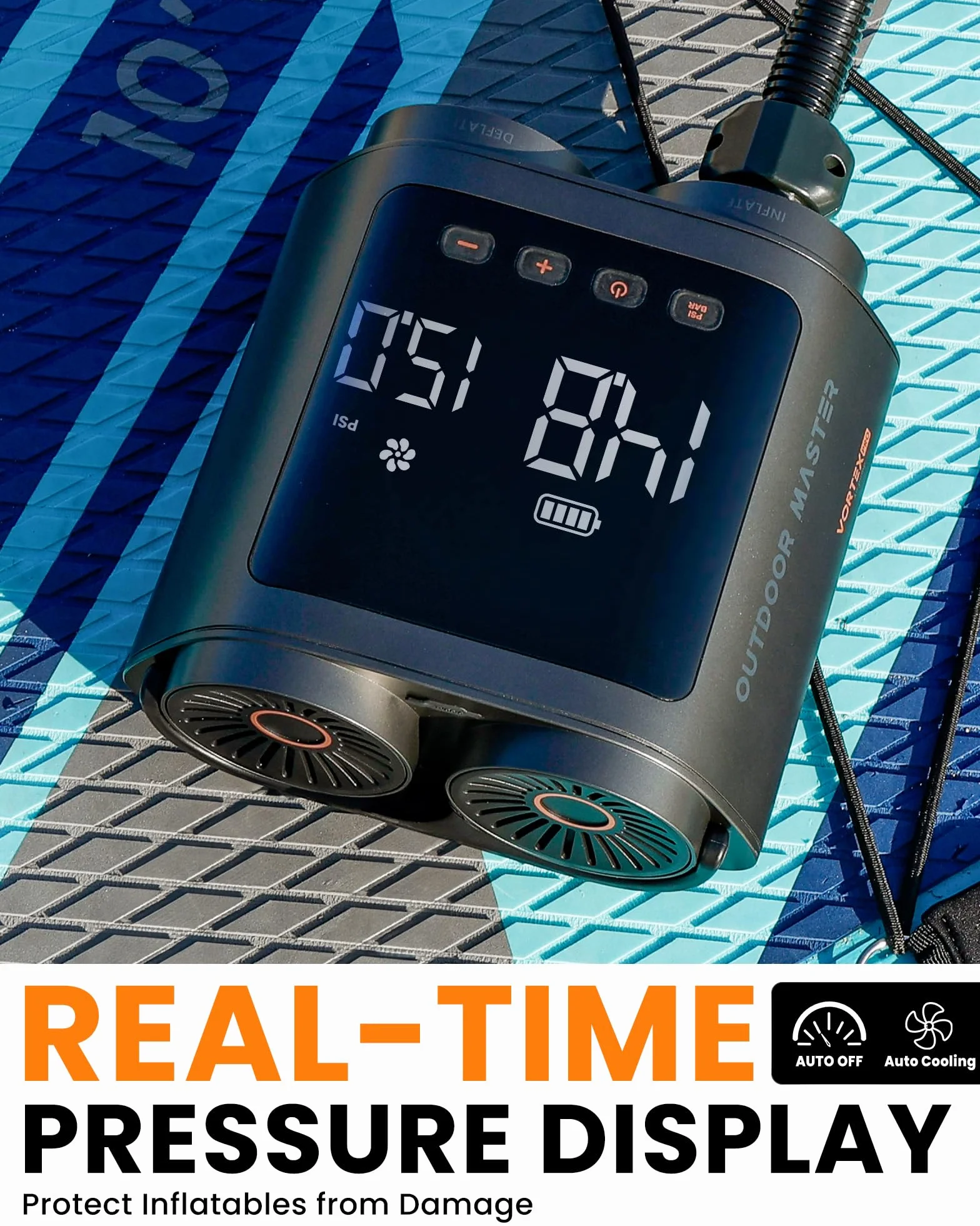 OutdoorMaster Vortex Pro 57,7 Wh przenośna pompka do padla, elektryczna pompa SUP z akumulatorem do 3 pompowania i opróżniania, maks. 20 PSI 12 V/15,8 V DC i wejścia typu C, 8 dysz