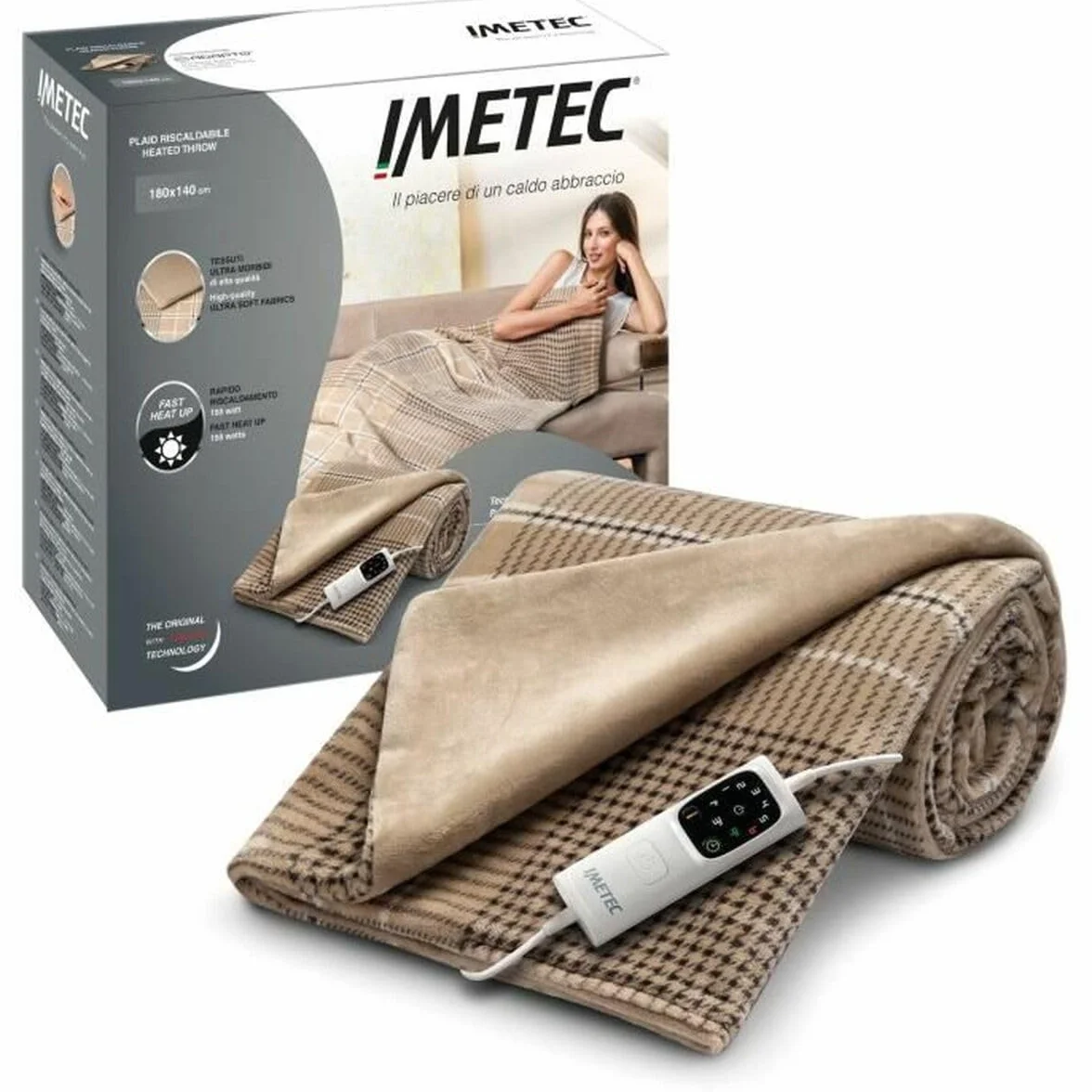 Imetec Adapto Elegance, Plaid Ogrzewanie, Koc elektryczny,Miękka tkanina 180 x 140 Cm,Oszczędność energii,Technologia Adapt, Optymalny, Szybkie nagrzewanie, 6 Temperatur, Zmywalne,Brązowy, 1.75 kg