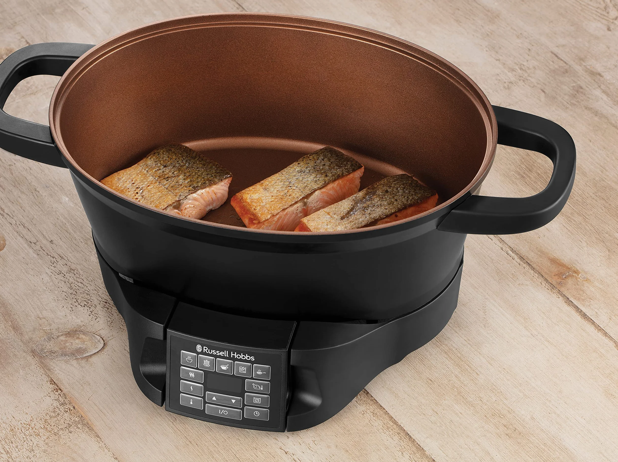 Russell Hobbs multicooker, 8 funkcji, cyfrowy programator i timer, pokrywka ze szkła hartowanego, gotowanie sous-vide, zimne uchwyty, pojemność 6,5l, moc 1000W, czarny, Good To Go 28270-56