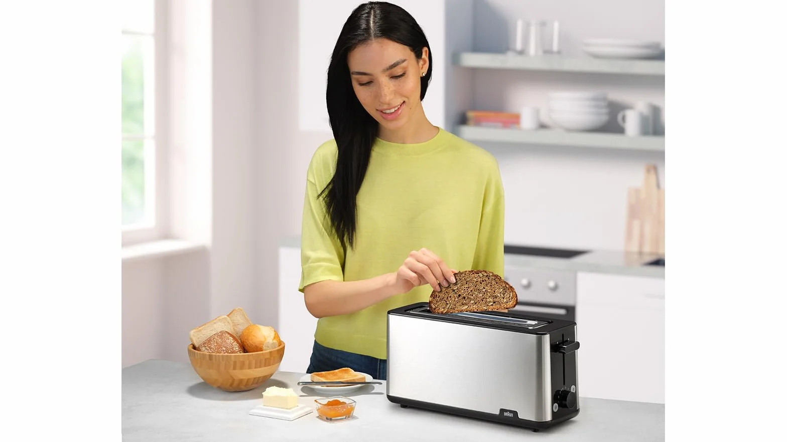 Braun Toster PurShine HT 1610 BK, 25 cm szczelina, 8 stopni opiekania, funkcja podgrzewania i rozmrażania, nasadka na bułki, taca na okruchy, 1030 W, czarny