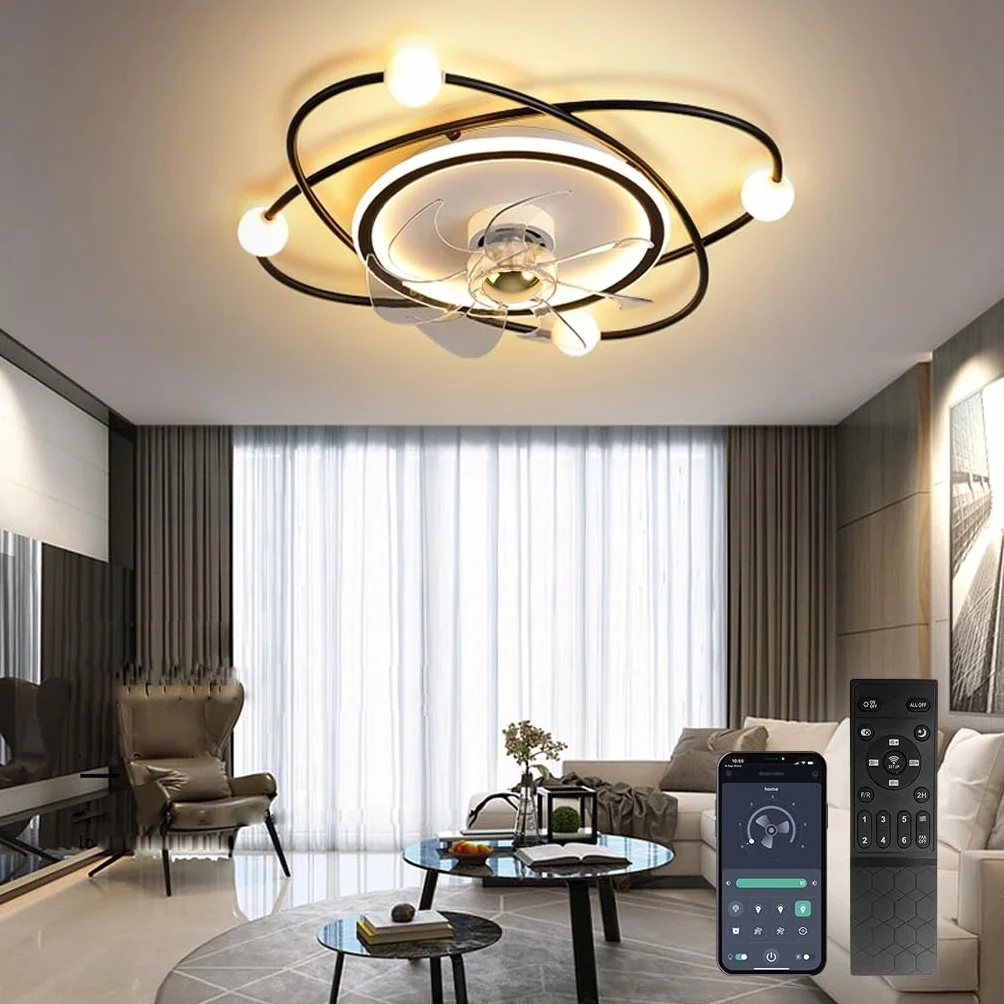 Nowoczesny wentylator sufitowy z oświetleniem, 58 cm ściemnialne światło sufitowe LED z wentylatorem, 42W Timer Wentylator sufitowy z lampą do salonu Sypialnia jadalnia(Czarny)