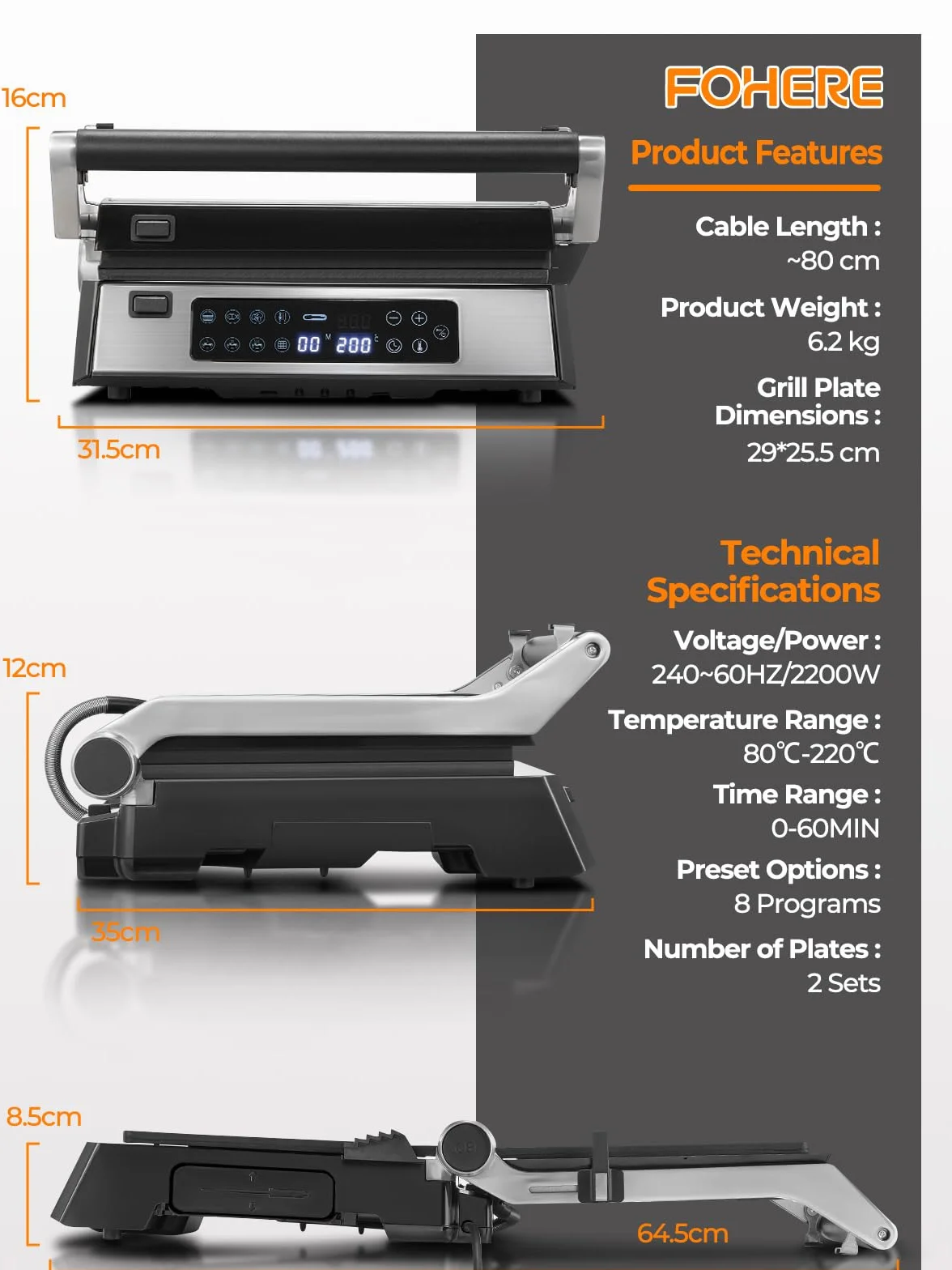 FOHERE Grill kontaktowy XL 4 w 1, opiekacz do kanapek i gofrownica 2200 W, z 4 zdejmowanymi płytami