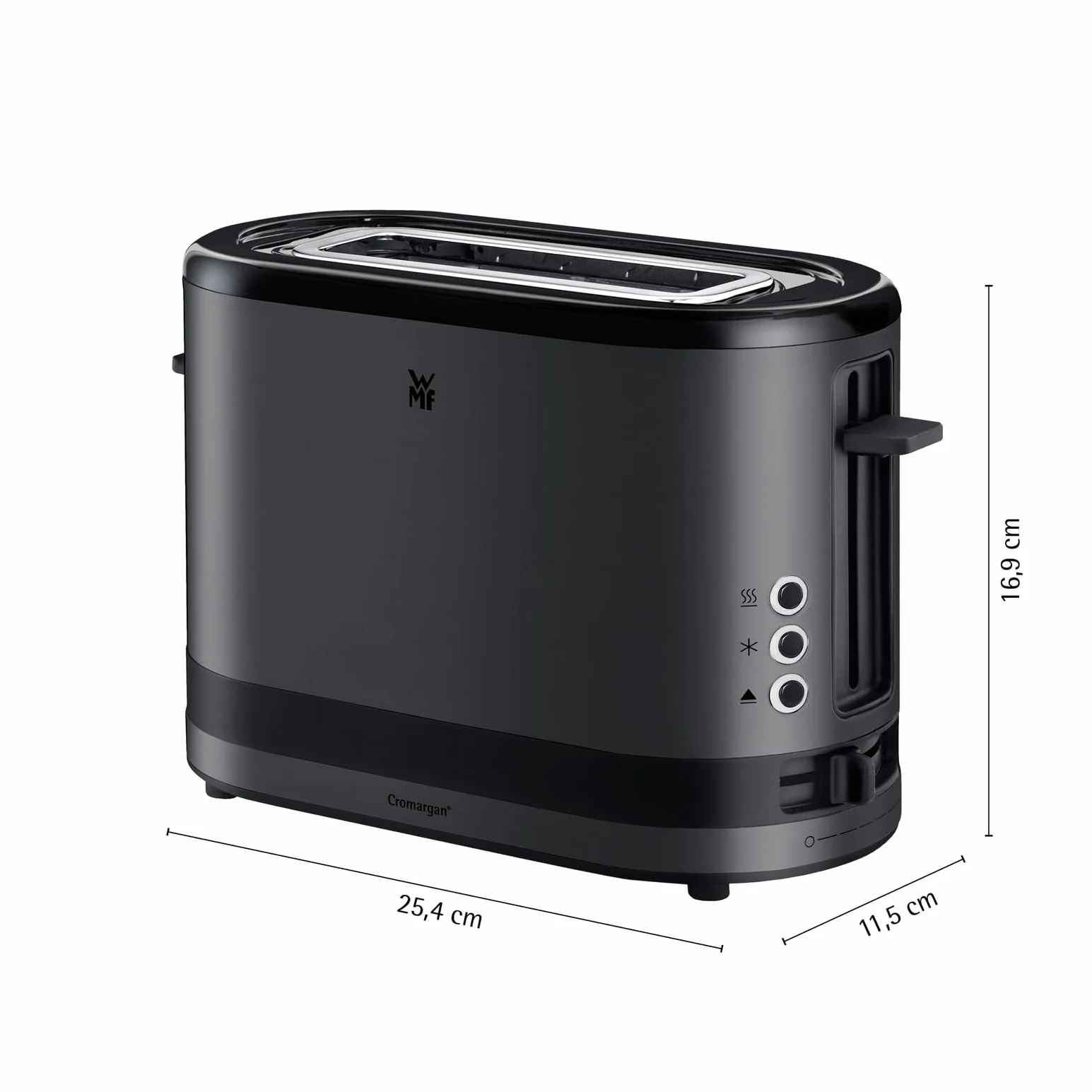 WMF Küchenminis toster 1 kromkowy z nasadką do bułek, na 1 szybę XXL, funkcja rozmrażania, toster z długim szczeliną z 7 poziomami opiekania, 600 W, stal nierdzewna, czarny matowy