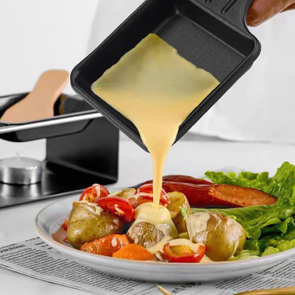 4 mini patelnie do Raclette, nieprzywierające patelnie grillowe z 4 uniwersalnymi drewnianymi łopatkami do grilla, do gotowania sera i jajek
