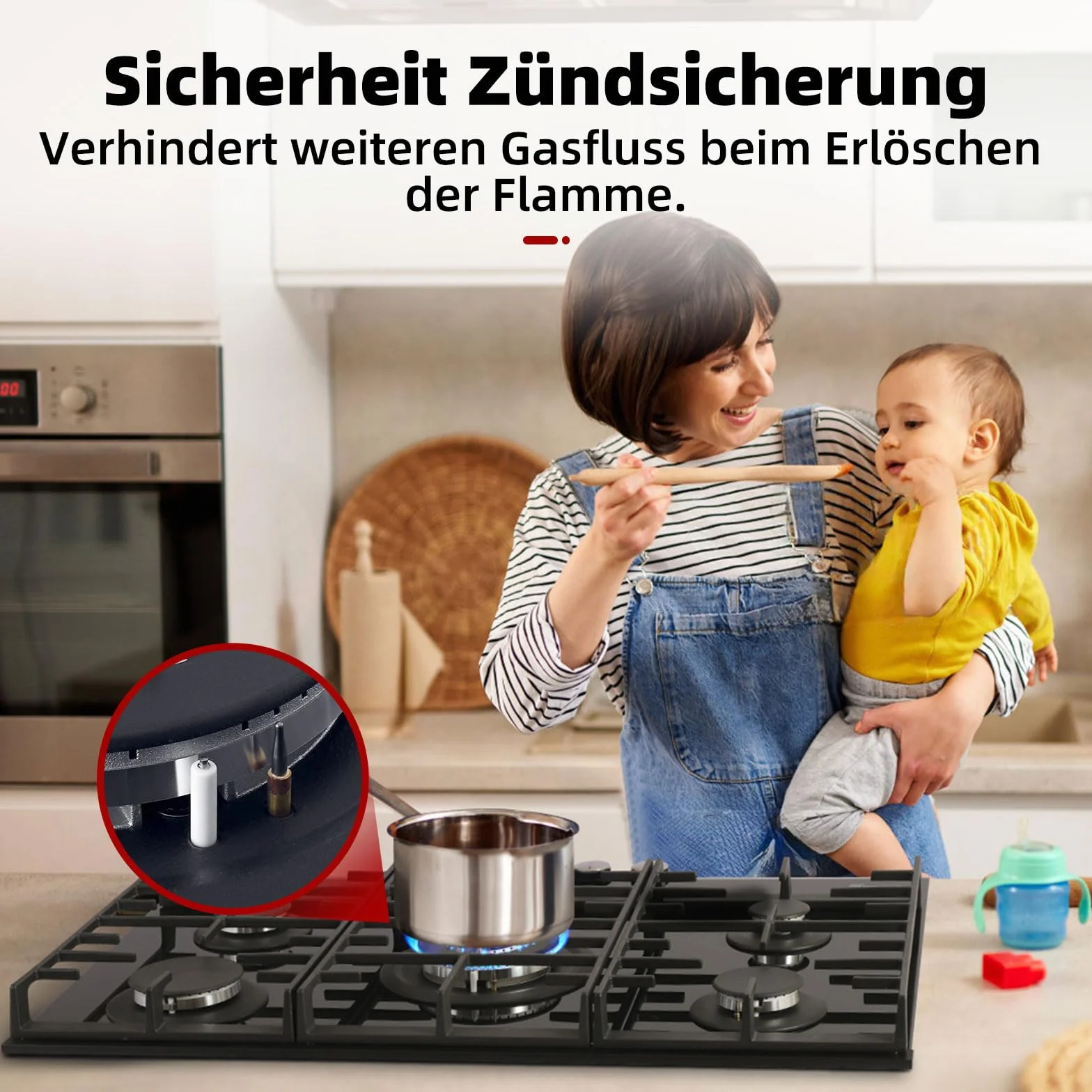 GASLAND GH2805BG1FC szklana płyta gazowa, 5-żarówkowa, płyta kuchenna do zabudowy z palnikiem wok, 76 cm, czarna płyta gazowa do zabudowy, na butan, LPG/gaz ziemny, 10400 W