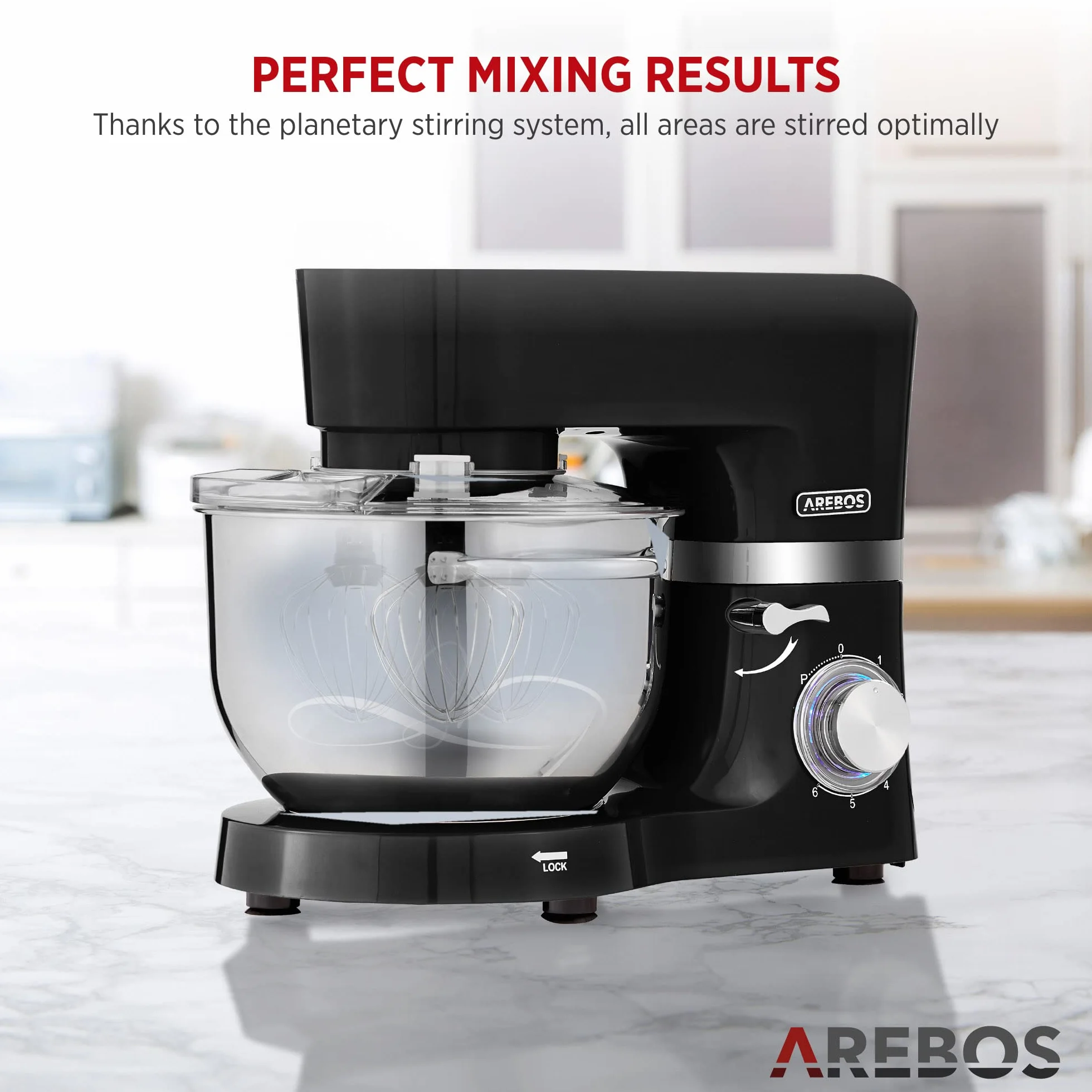 Arebos Profesjonalny robot cukierniczy 1500W | Czarny | Wielofunkcyjny robot kuchenny z trzepaczką, ubijaczką i haczykiem | Z 2 miskami ze stali nierdzewnej | 6 prędkości | Funkcja impulsu