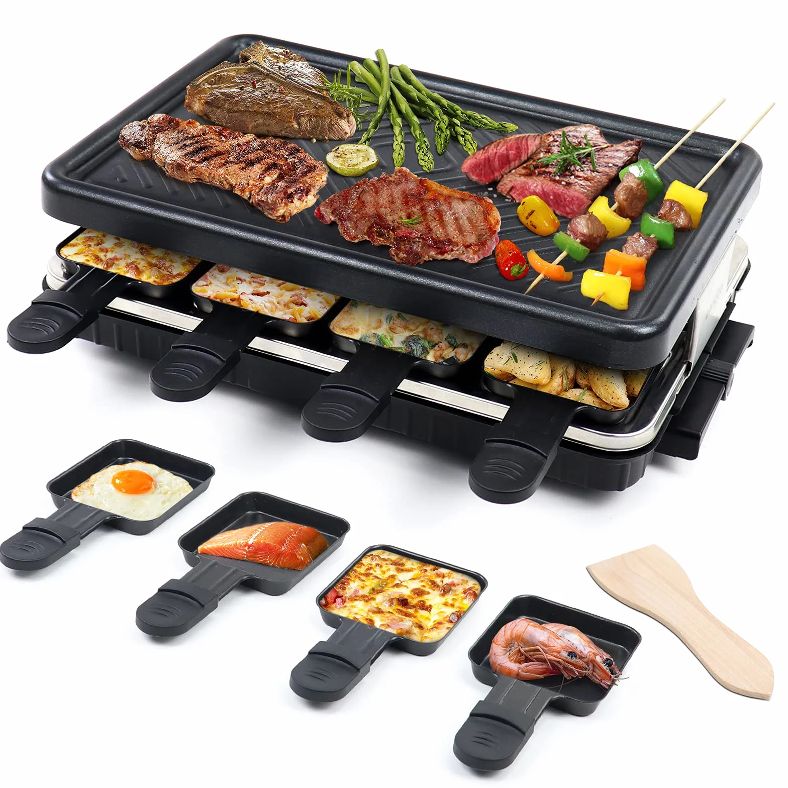 Elektryczny grill stołowy raclette dla 8 osób z powłoką nieprzywierającą, 8 mini patelenkami i 4 drewnianymi szpatułkami
